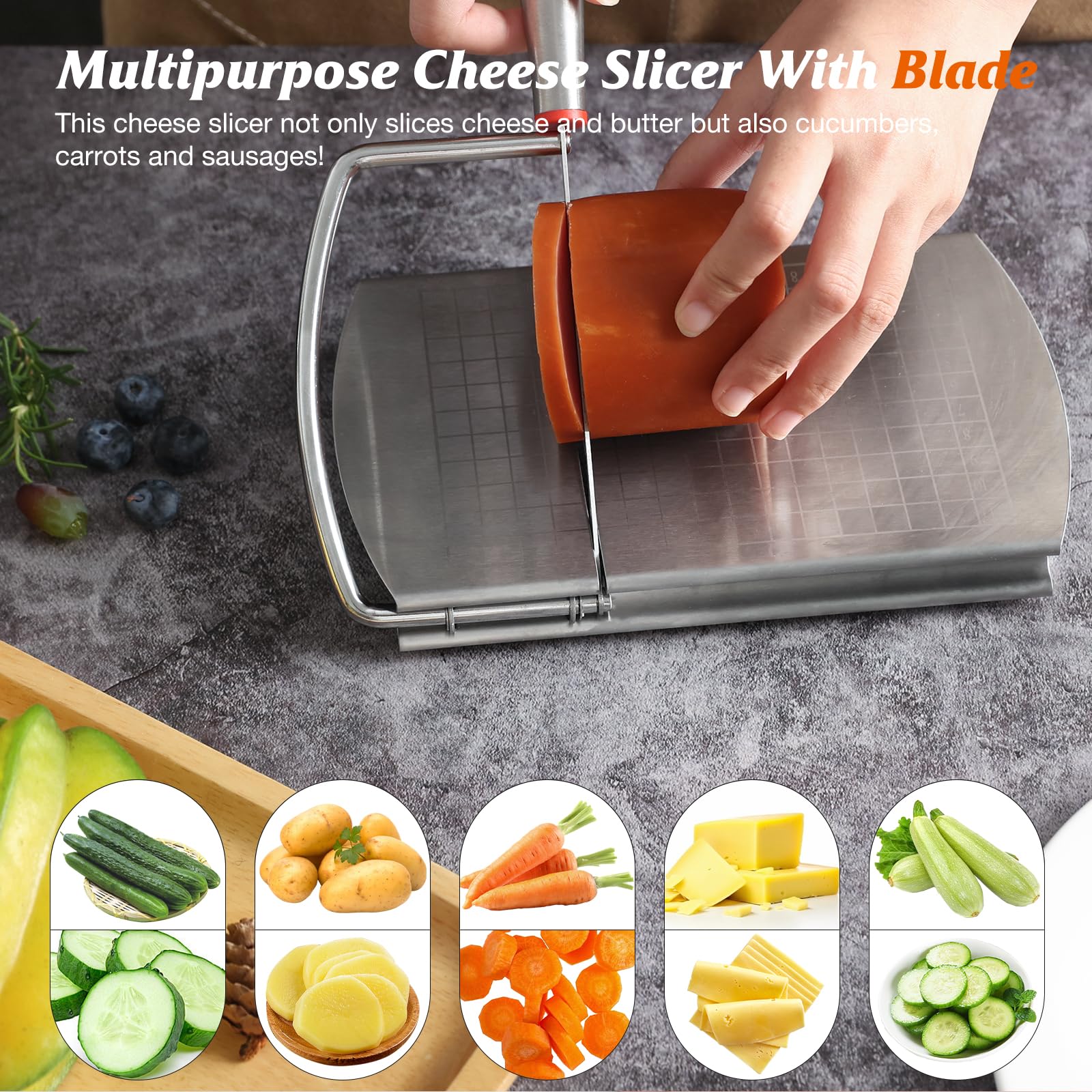Premium Stainless Steel Cheese Slicer & Cutter Set - 2 Wooden Handle Cheese Knives + Cheese Board with Blade - Perfect for Block Cheese, Charcuterie Boards, Wine Parties & Gourmet Kitchen Use