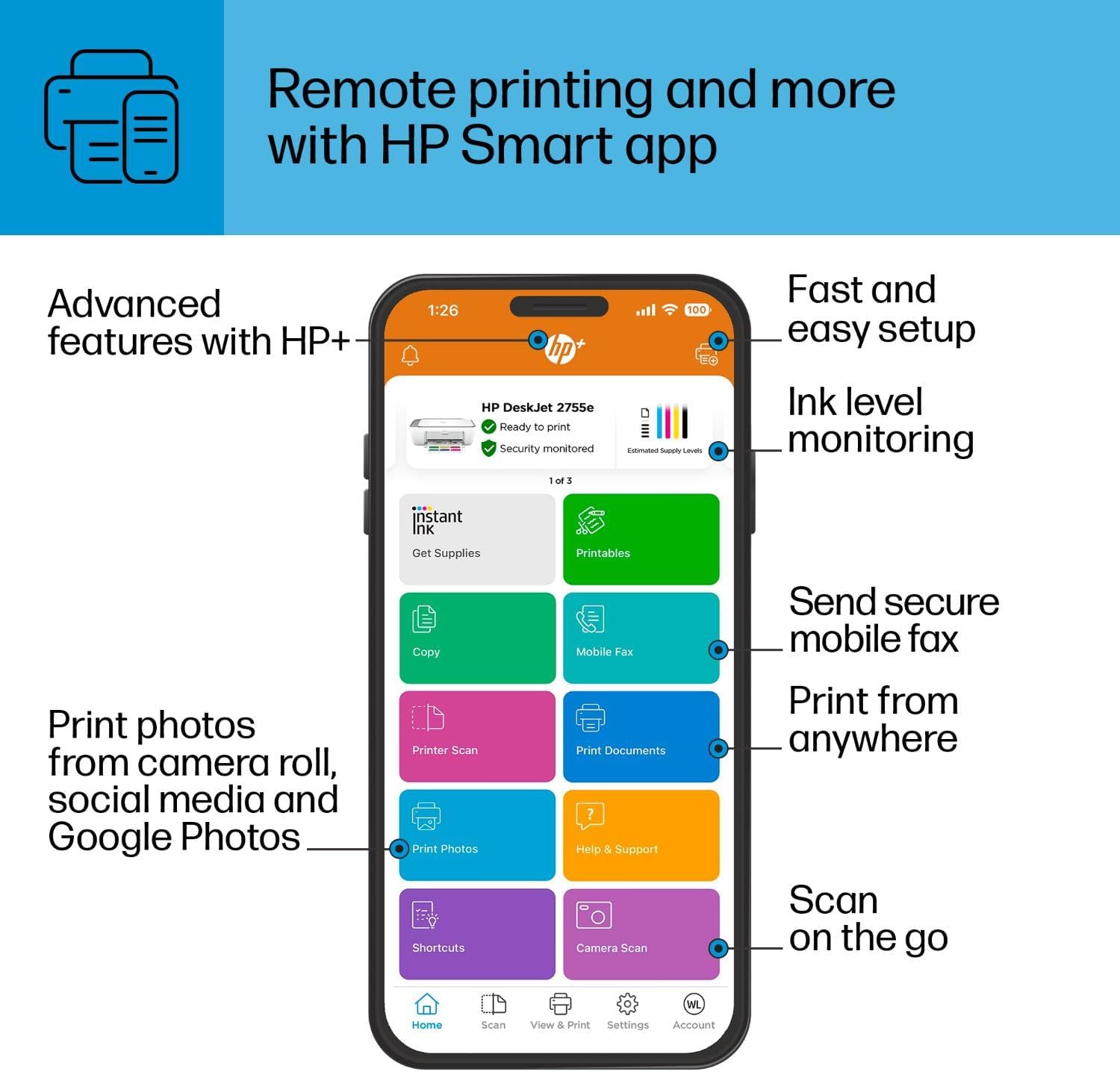 HP DeskJet 2755e Wireless All-in-One Printer with Scanner, Copier | 3 Months Free Instant Ink | Home Office & Remote Work Printing Solution