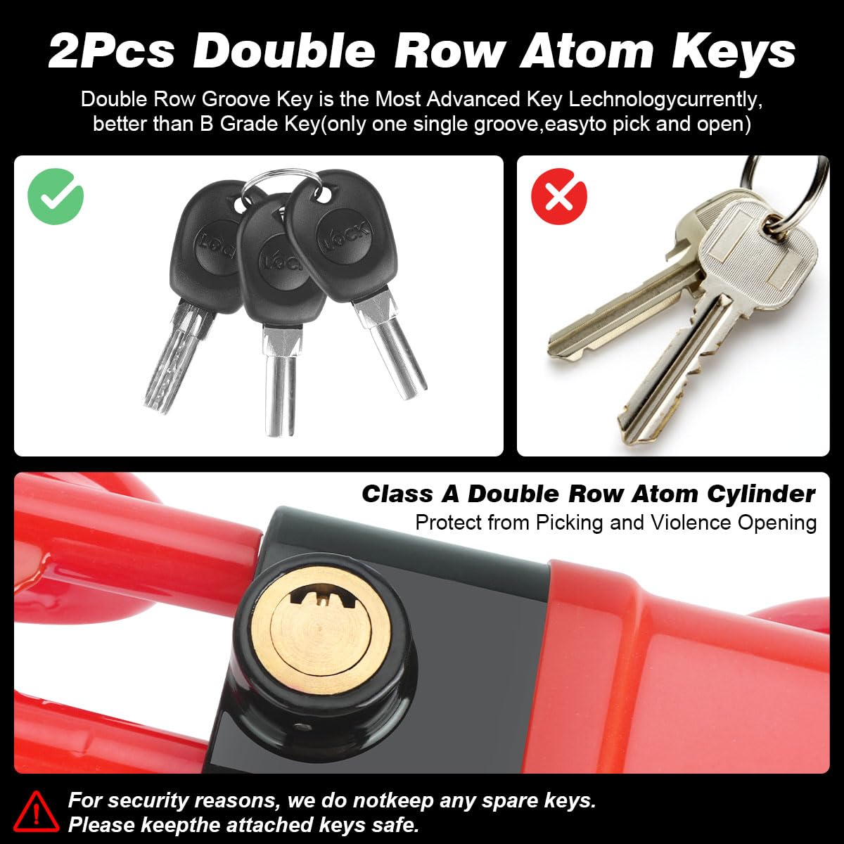 Heavy Duty Steering Wheel Lock - Anti-Theft Car Security Device with Adjustable Length Clamp & Double Row Atom Keys for Vehicle, Truck, SUV (3 Keys Included, Red) - Perfect for Parking Security & Theft Prevention