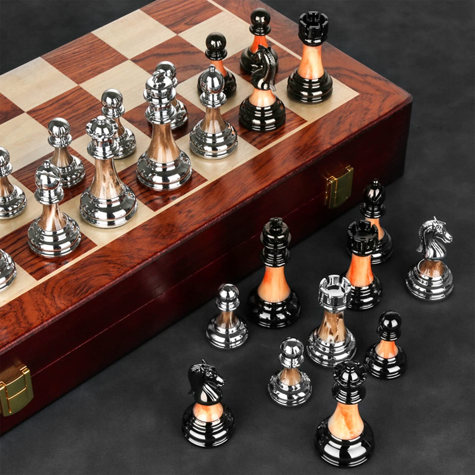 Premium Metal Chess Set for Adults & Kids - Luxury Folding Wooden Chess Board with Zinc Alloy & Acrylic Pieces - Portable Travel Chess Game Set for Home, Office, Park & Gifts - Strategy Board Game for Family & Friends