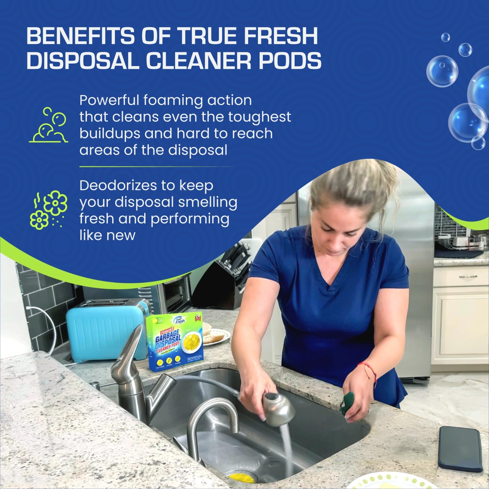 True Fresh Garbage Disposal Cleaner & Deodorizer Packets - 24 Pack | Foaming Kitchen Sink Cleaner with Fresh Citrus Scent | Drain & Garburator Disposer Maintenance | 1 Year Supply | Eliminates Odors & Keeps Pipes Clean for Daily Kitchen Use