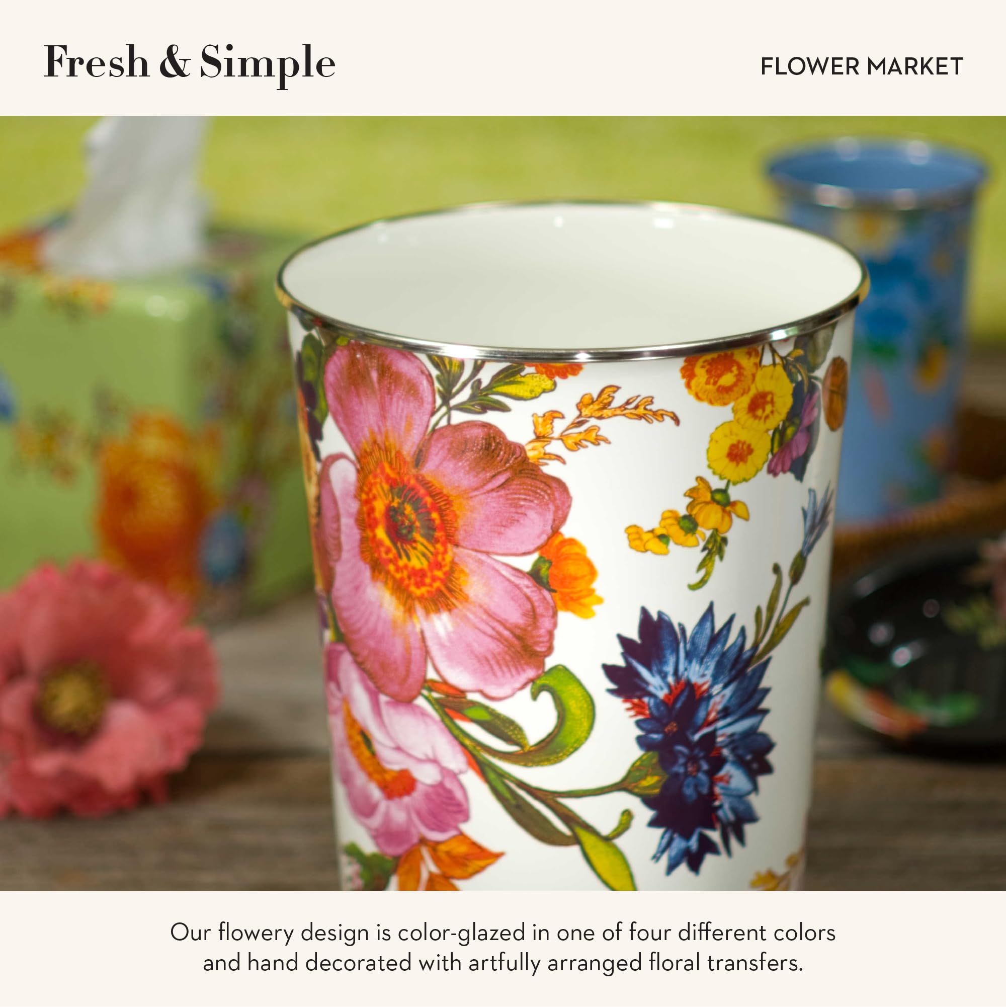 MACKENZIE-CHILDS White Floral Waste Bin - Elegant Bedroom & Bathroom Trash Can with Decorative Flower Design - Perfect for Home, Office, or Hotel Decor