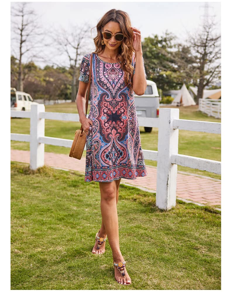 Sherosa Women's Summer Dresses 2025 - Boho Beach Sundress with Pockets, Short Sleeve Loose Fit Casual T-Shirt Dress for Vacation, Travel, and Outdoor Activities