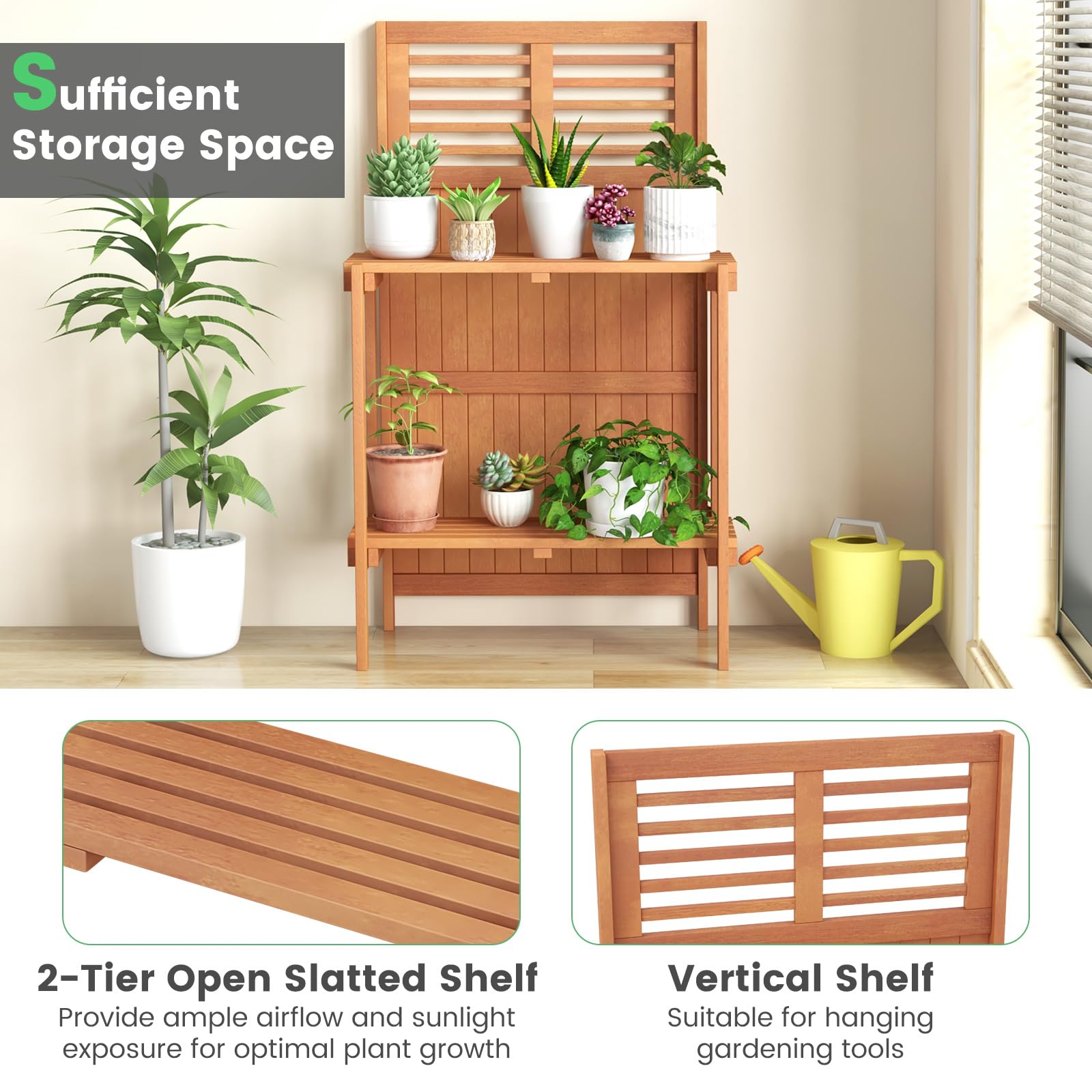 Folding Potting Bench with Trellis & 2-Tier Shelves - Sturdy Wooden Garden Workstation for Planting, Potting & Organizing - Perfect for Outdoor, Deck, Balcony, Backyard & Gardening Enthusiasts