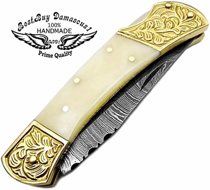 Handmade Damascus Folding Pocket Knife with Camel Bone Handle - 7.5