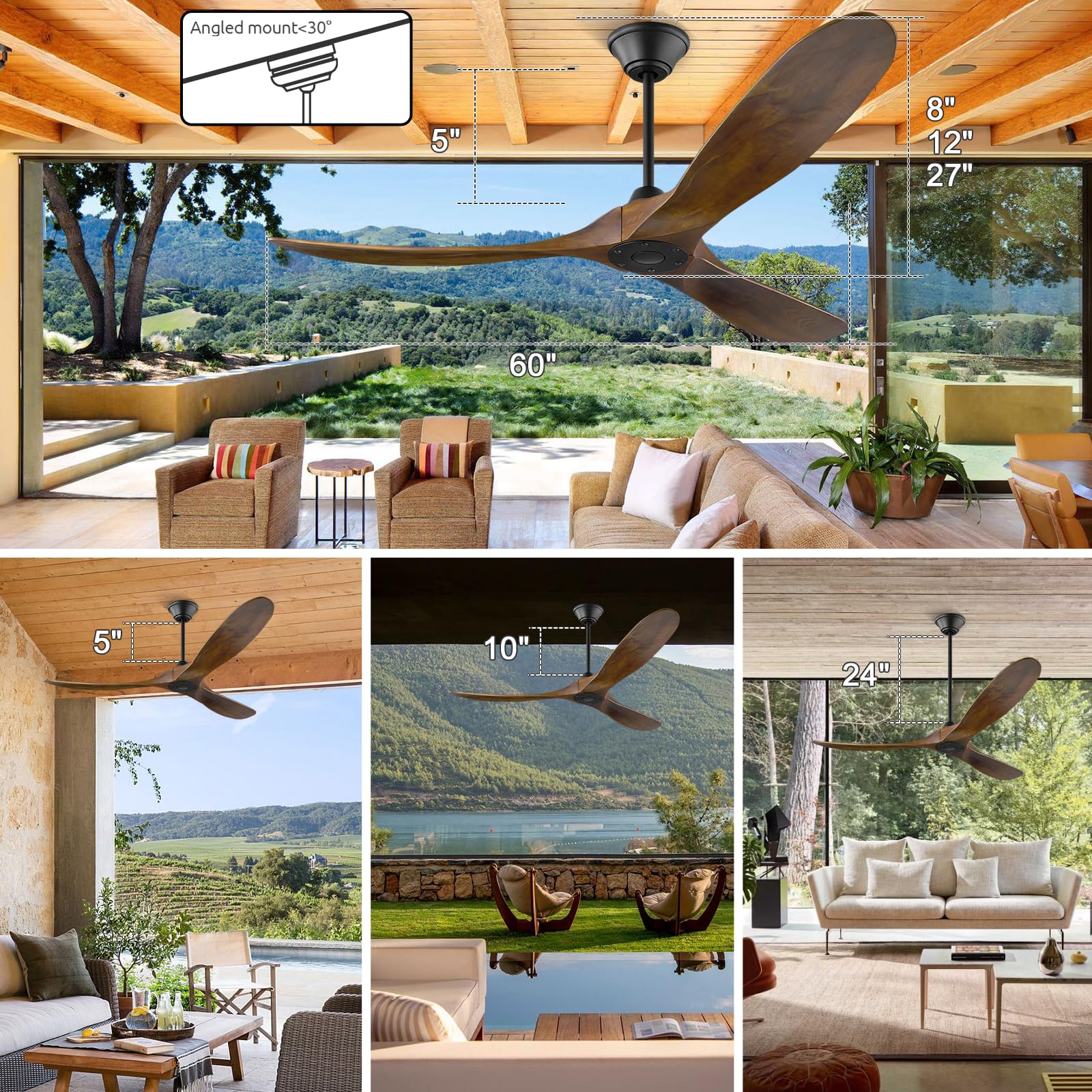 60 Inch Wood Ceiling Fan with Remote - 3 Blade Outdoor Ceiling Fan for Patio, Noiseless Reversible DC Motor, 6 Speed Settings, No Light - Perfect for Indoor and Outdoor Use in Living Rooms, Bedrooms, and Covered Porches