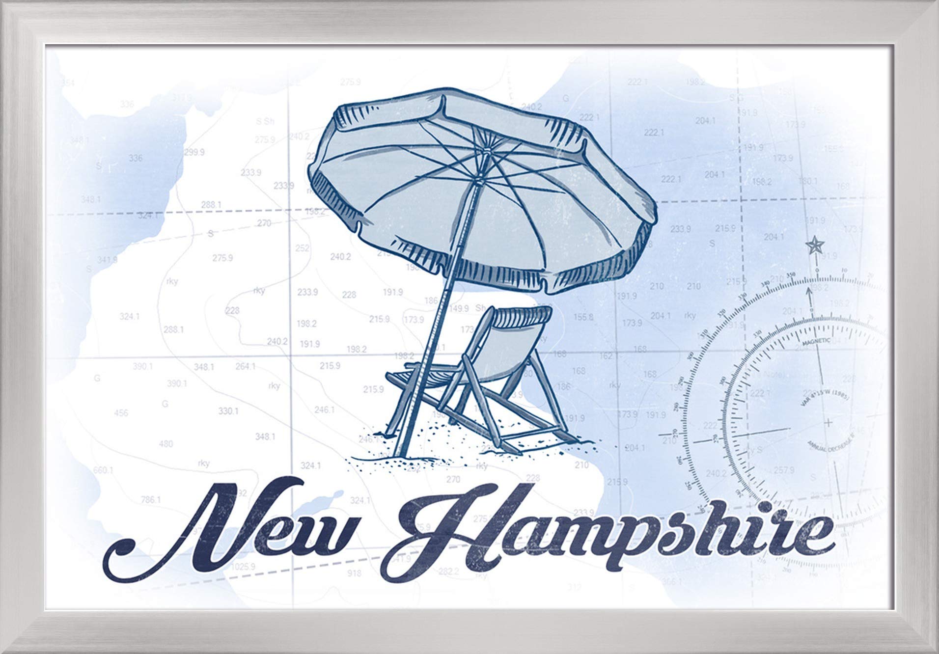 New Hampshire Coastal Icon - Blue Beach Chair and Umbrella Giclee Fine Art Print (16x24 Inches) with Recycled Wood Frame in Silver - Perfect for Beach House Decor, Coastal Living Room Wall Art, or Nautical Themed Gift