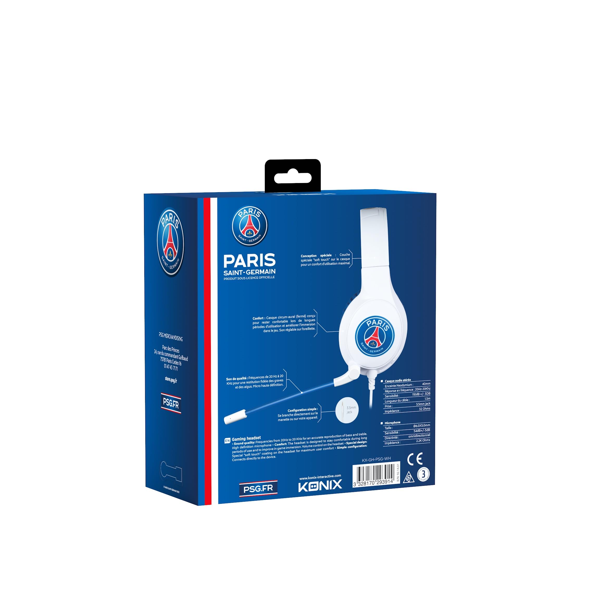 Konix PSG Wired Gaming Headset for PC, PS5, Switch & Xbox Series X|S - 45° Adjustable Mic, 1.5m Cable, 3.5mm Jack - White & Blue - Perfect for FPS Gaming & Online Chat