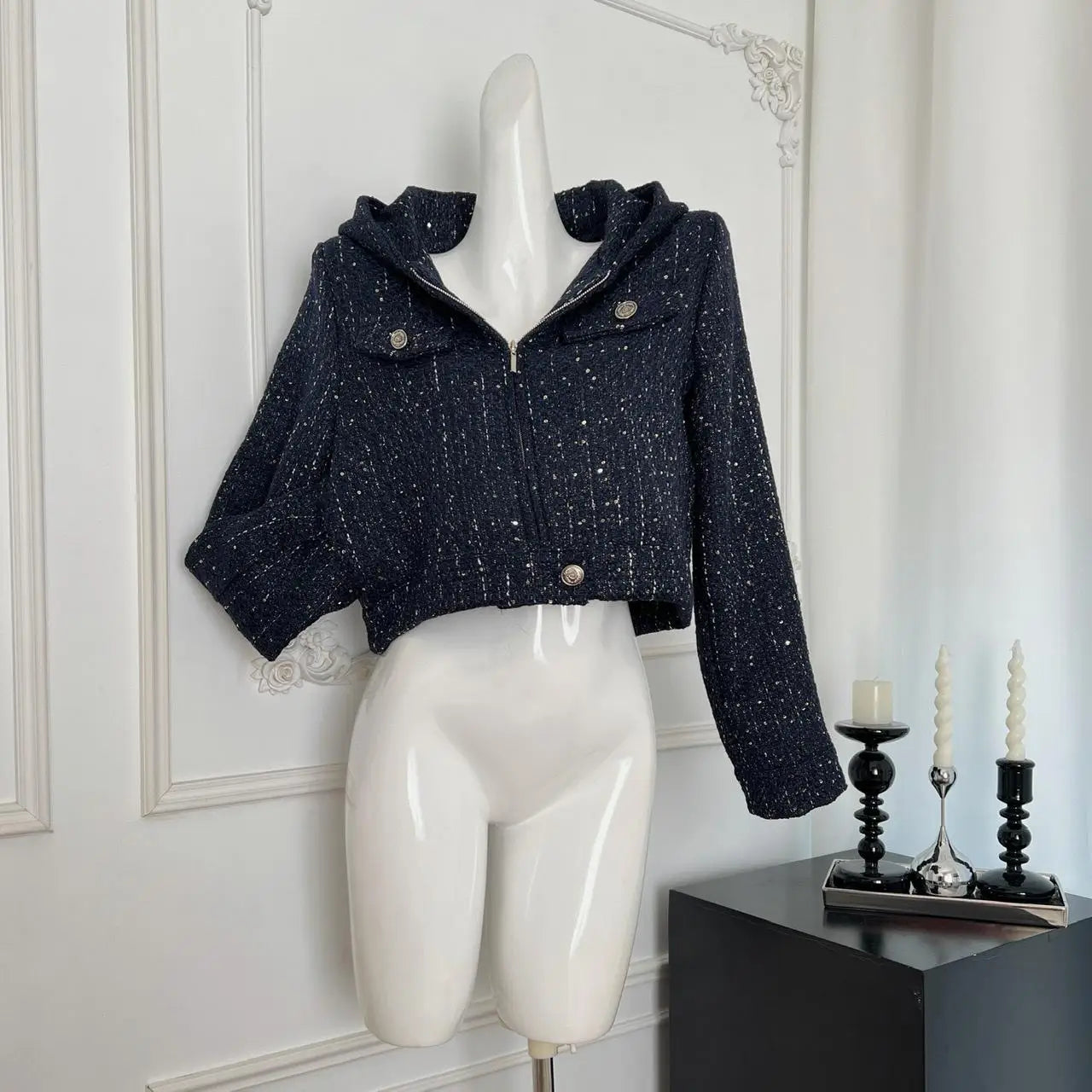 Vintage French Fashion Women's Blue Long Sleeve Hooded Zipper Jacket - Elegant Winter Coat for Ladies, Autumn Outerwear, Casual Vacation Wear & Daily Street Style