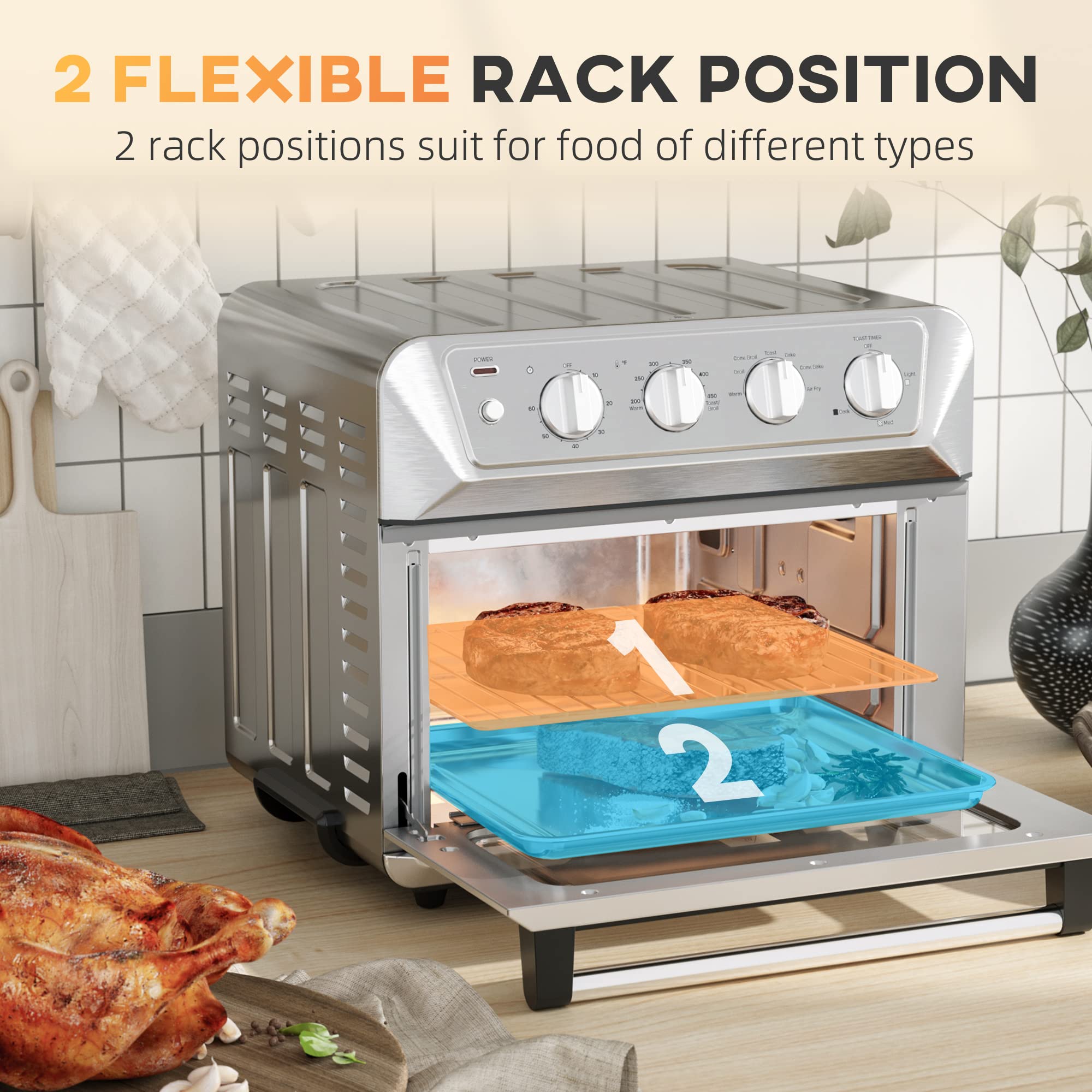 HOMCOM 21QT 7-in-1 Air Fryer Toaster Oven with Convection - 1800W Stainless Steel Countertop Oven for Baking, Broiling, Toasting & Air Frying | Includes Accessories | Perfect for Small Kitchens, Dorms & Healthy Cooking