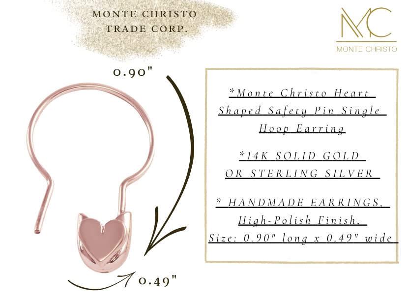 Monte Christo Gold Safety Pin Hoop Earrings for Women - Single Earring Jewelry Gift - Made in USA - Heart Charm Design - Perfect for Casual Wear, Parties & Unique Fashion Statements