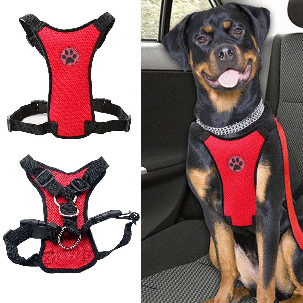 MASO Adjustable Dog Car Safety Vest Harness with Seat Belt Clip - Mesh Pet Travel Strap for Road Trips, Daily Commute & Walks (Large, Red) - Keep Your Pup Secure During Car Rides & Outdoor Adventures