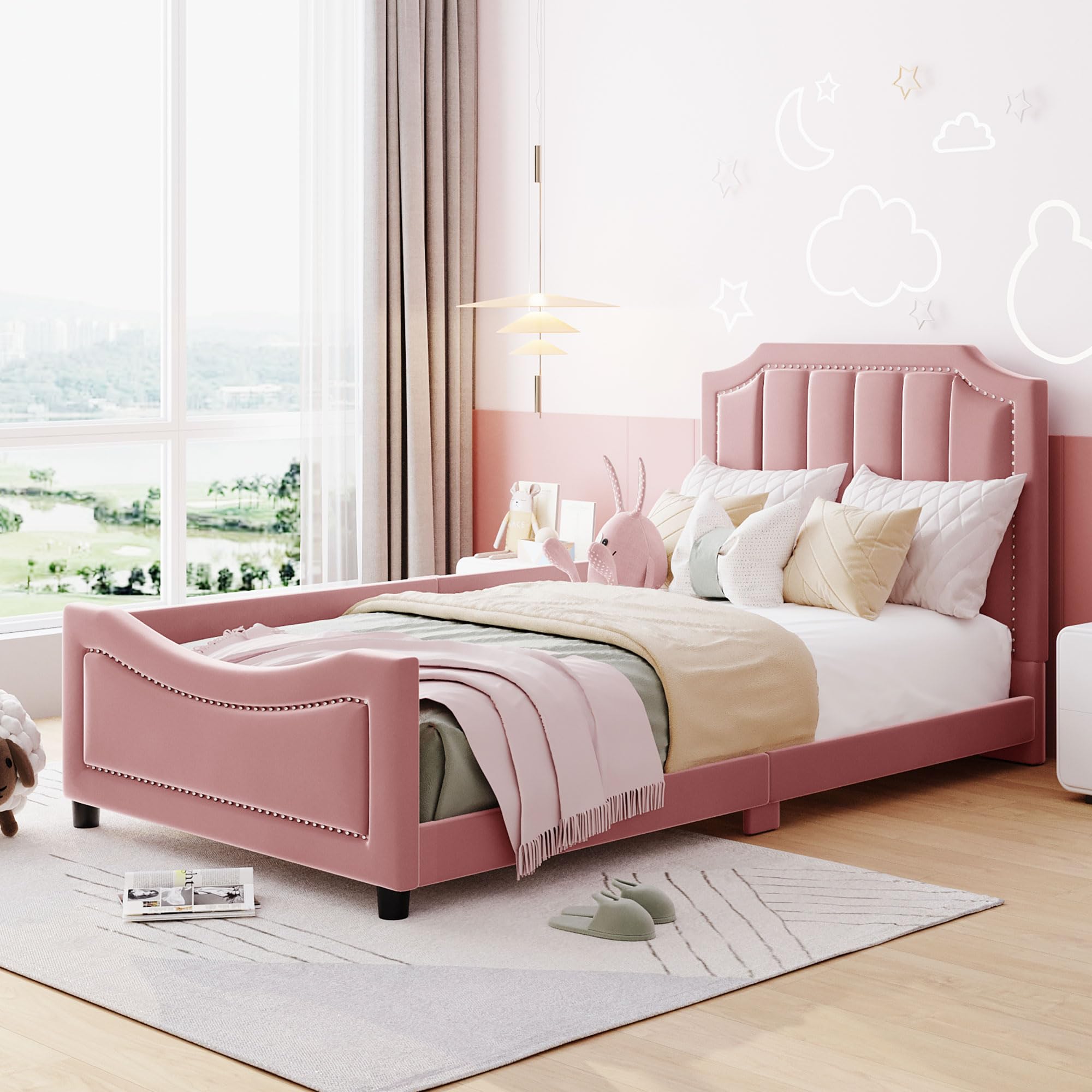 Harper & Bright Designs Upholstered Twin Daybed Frame for Kids - Velvet Twin Bed with Classic Striped Headboard, Sturdy Wood Frame for Boys & Girls - Pink (Perfect for Bedrooms, Playrooms & Guest Rooms)