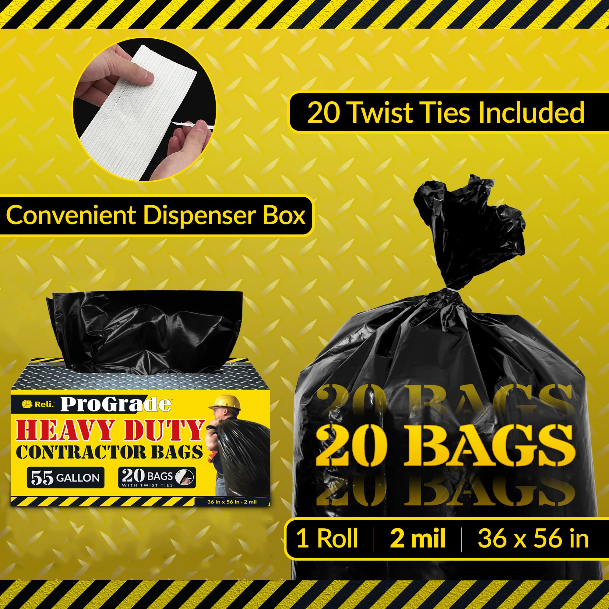 Reliable 55 Gallon Contractor Garbage Bags - Heavy Duty Black Trash Bags (20 Count) for Construction Sites, Yard Waste & Home Renovation Cleanup