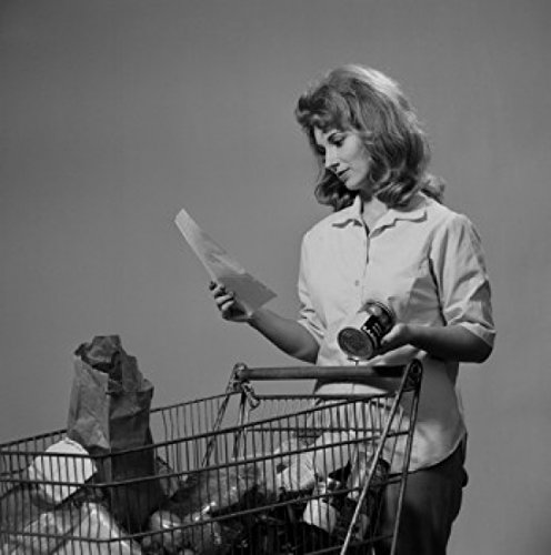 18x24 Shopping Trolley Poster Print - Young Woman with Groceries for Home Decor
