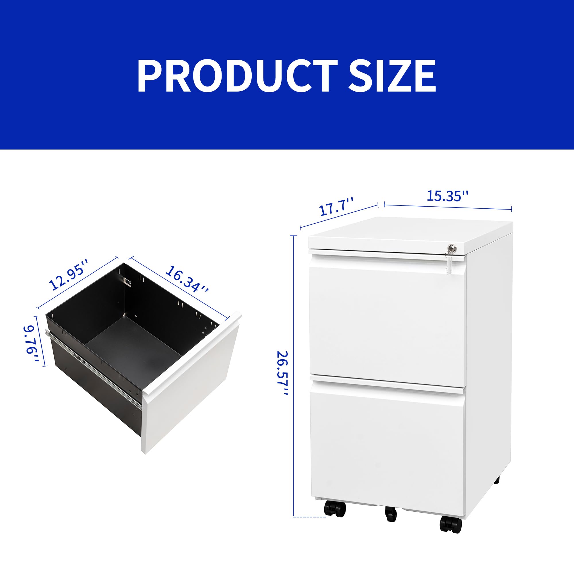Fully Assembled Rolling File Cabinet with Lock - Under Desk Metal Filing Cabinet for Home Office, Mobile Printer Stand for A4/Legal/Letter Files (White) - Perfect for Office Organization & Document Storage