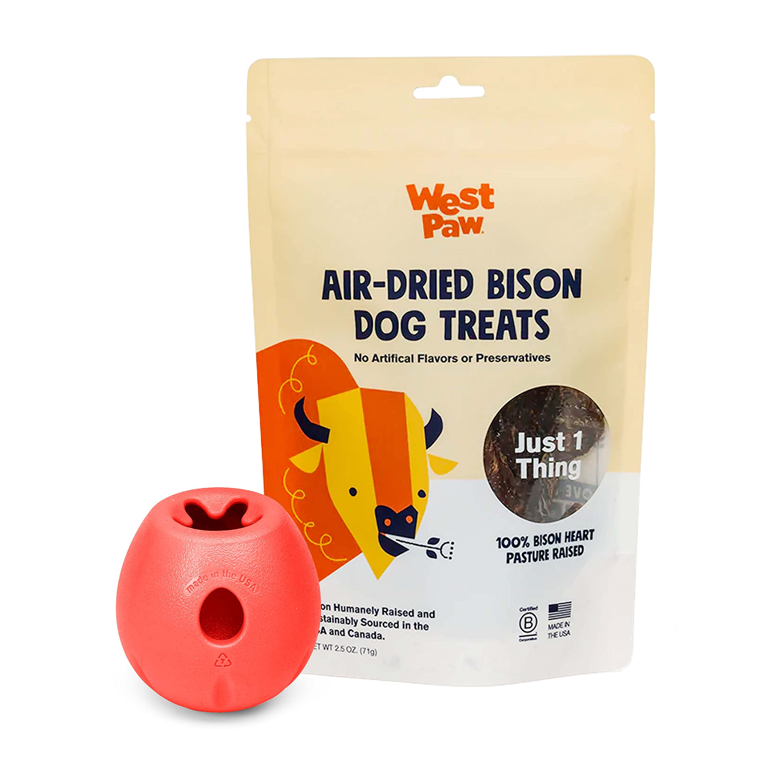 Premium WEST PAW Air Dried Bison Heart Dog Treats with Zogoflex Rumbl Treat Dispensing Chew Toy Bundle – Natural Farm Fresh Bison Snacks & Interactive Puzzle Toy for Dogs – Holds Kibble & Treats – Perfect for Training, Enrichment & Dental Health