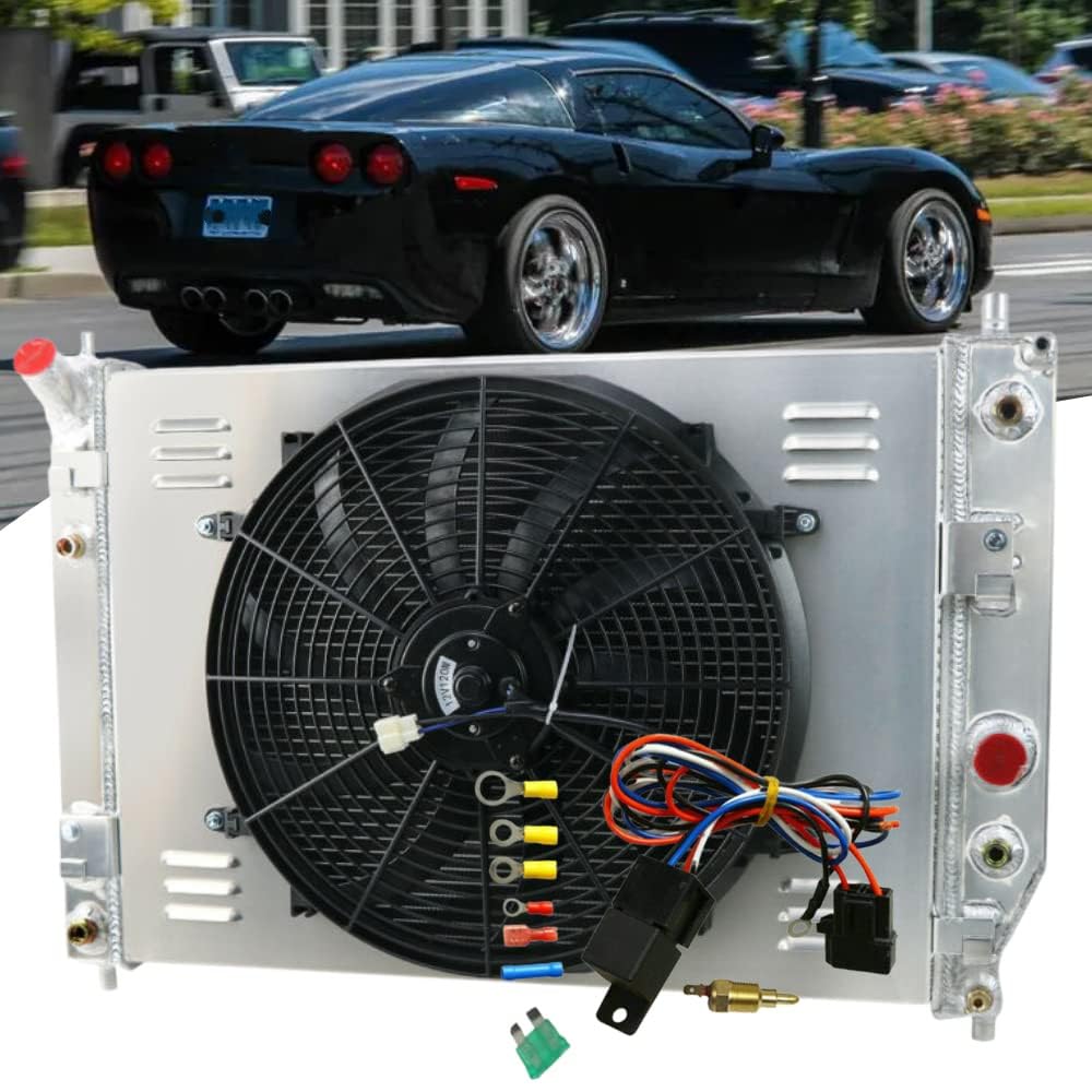 ALLOYWORKS 3 Row Aluminum Radiator with Shroud Fan & Relay Kit for 2005-2013 Chevrolet Corvette C6 6.0L 6.2L 7.0L V8 - High Performance Cooling Upgrade for Racing & Daily Driving