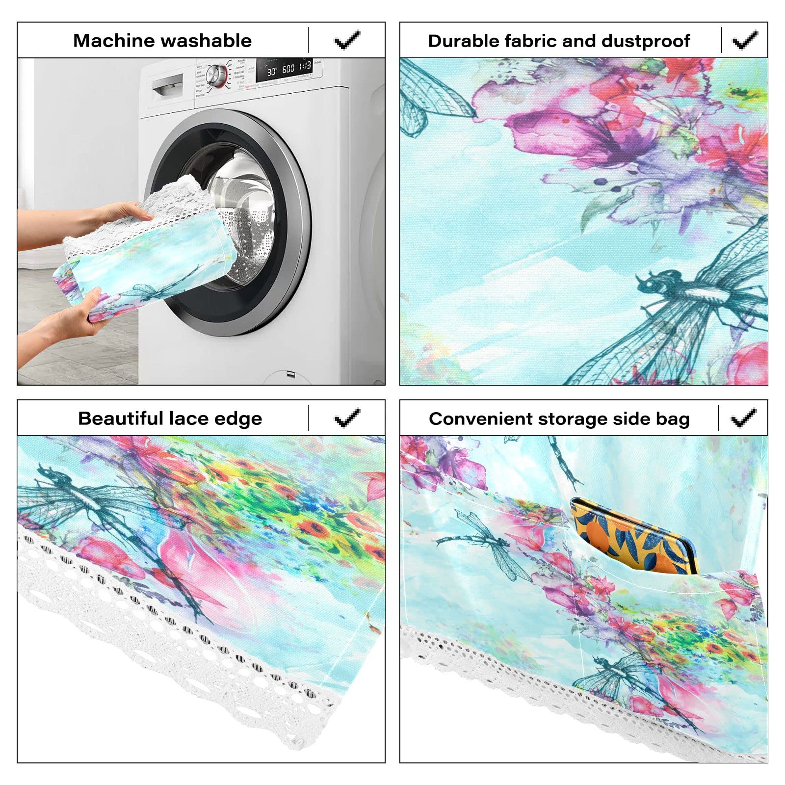 Waterproof Non-Slip Washing Machine Cover for Front Load Washer & Dryer - 51''x22'' Floral Dragonfly Design Dust Proof Top Mat with 4 Storage Bags | Perfect for Laundry Room, Basement & Home Decor