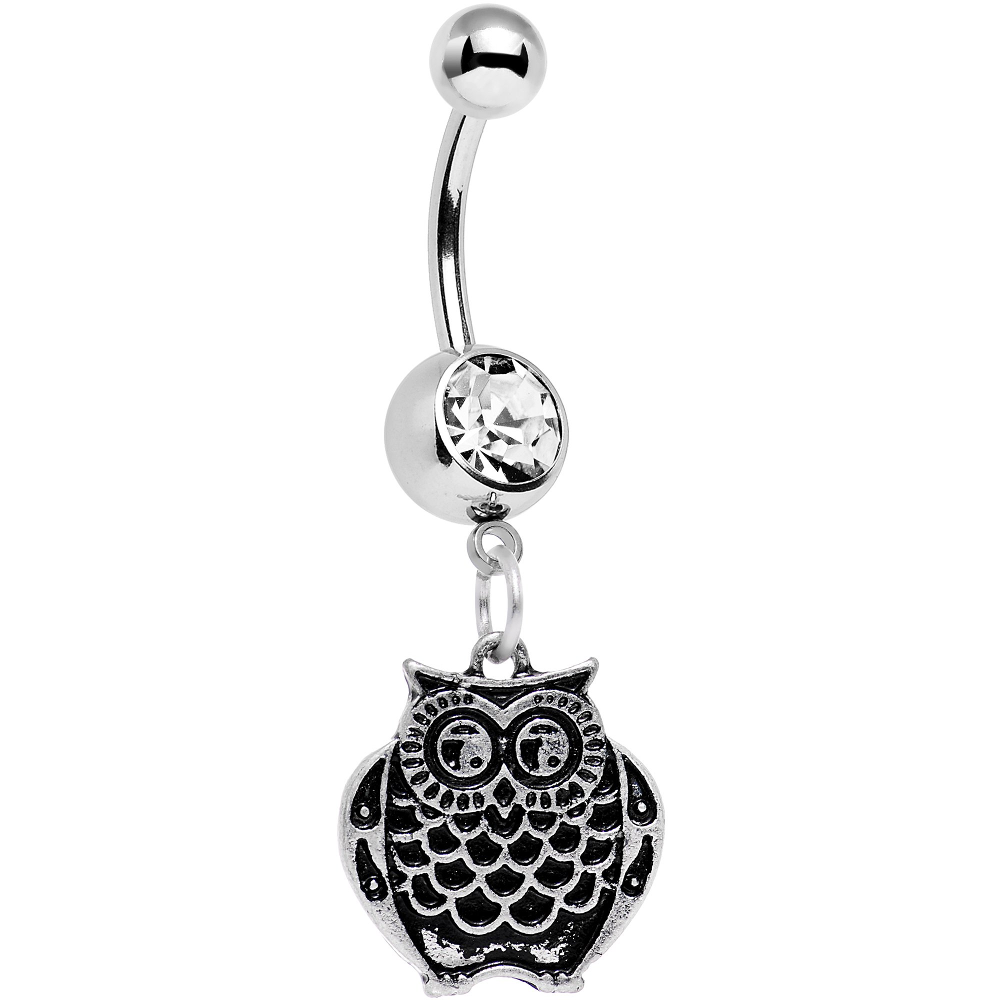 Stainless Steel Clear Accent Ornery Owl Dangle Belly Ring - Body Jewelry for Women | Trendy Navel Piercing for Casual Wear & Night Out
