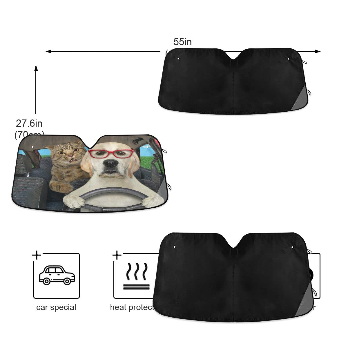 Funny Dog Driving Cat Car Front Windshield Sun Shade - UV Blocking Accordion Fold Auto Sun Visor Protector for Pets | Perfect for Summer Parking & Road Trips