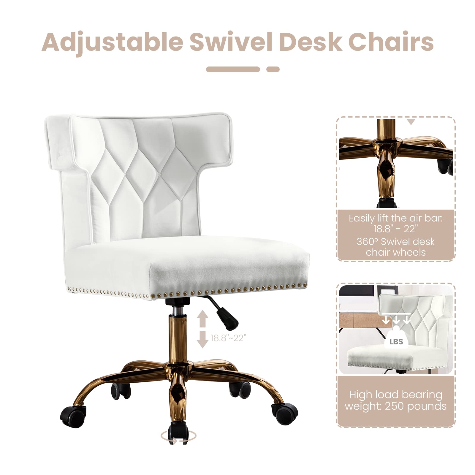 Premium Velvet Home Office Chair - Modern Adjustable Swivel Desk Chair with High Back Support, 360° Smooth Rolling Gold Wheels - Ergonomic Computer Chair for Living Room, Bedroom & Office Workspace (Beige) - Perfect for Remote Work, Gaming & Study Sessions