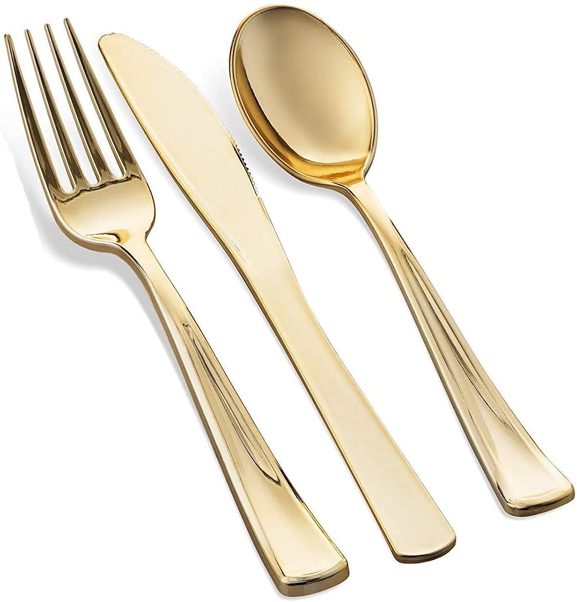 125-Piece Gold Disposable Dinnerware Set - 50 Gold Rim Plastic Plates, 25 Dinner & 25 Dessert Plates, 25 Knives, 25 Forks, 25 Spoons - Elegant Party Tableware for Weddings, Birthdays, Bridal Showers & Special Events