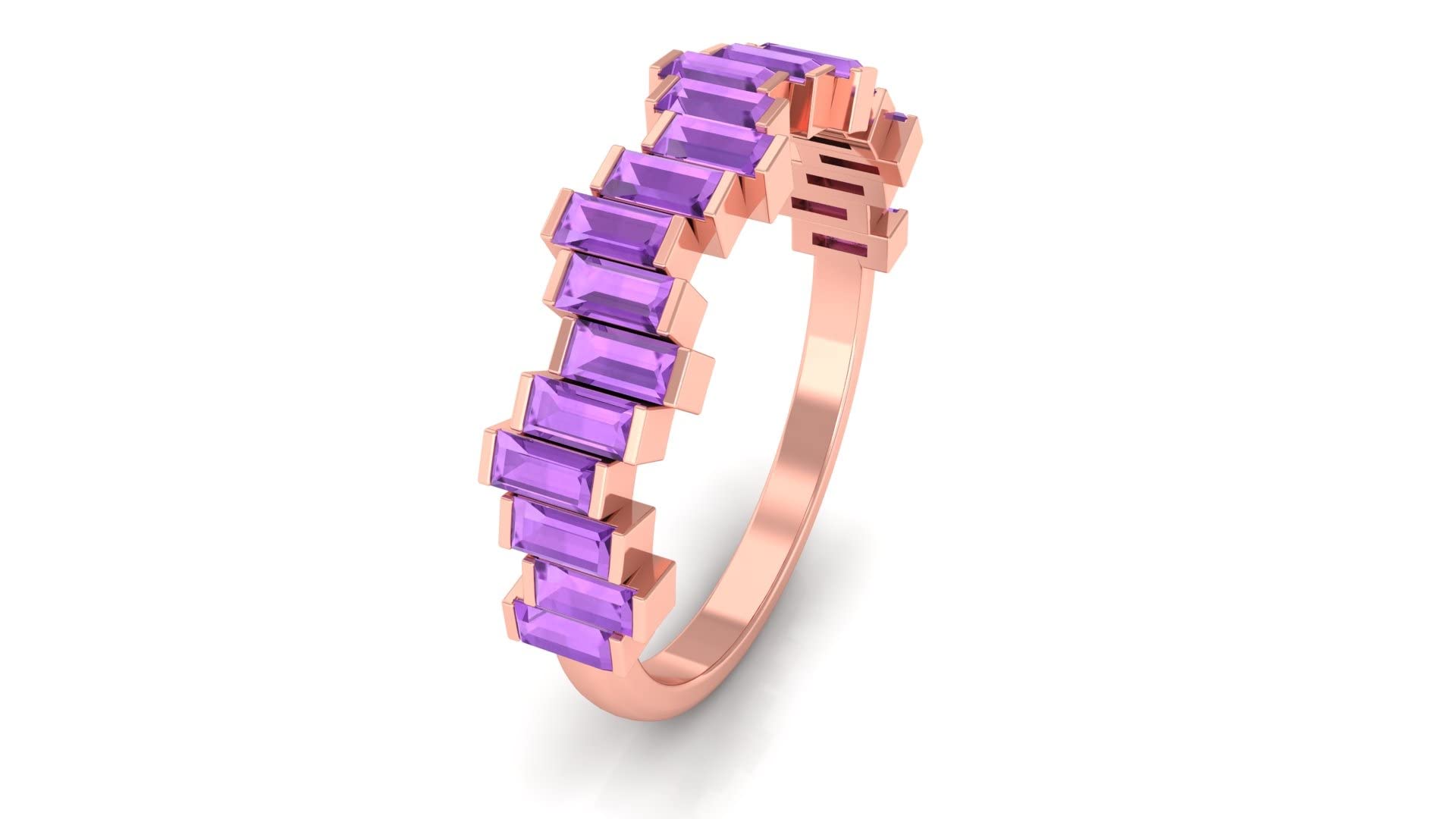 February Birthstone - 14K Solid Gold Amethyst Half Eternity Ring for Women | Baguette Cut Violet Amethyst Wedding Band | Valentine's Day Gift & Anniversary Jewelry