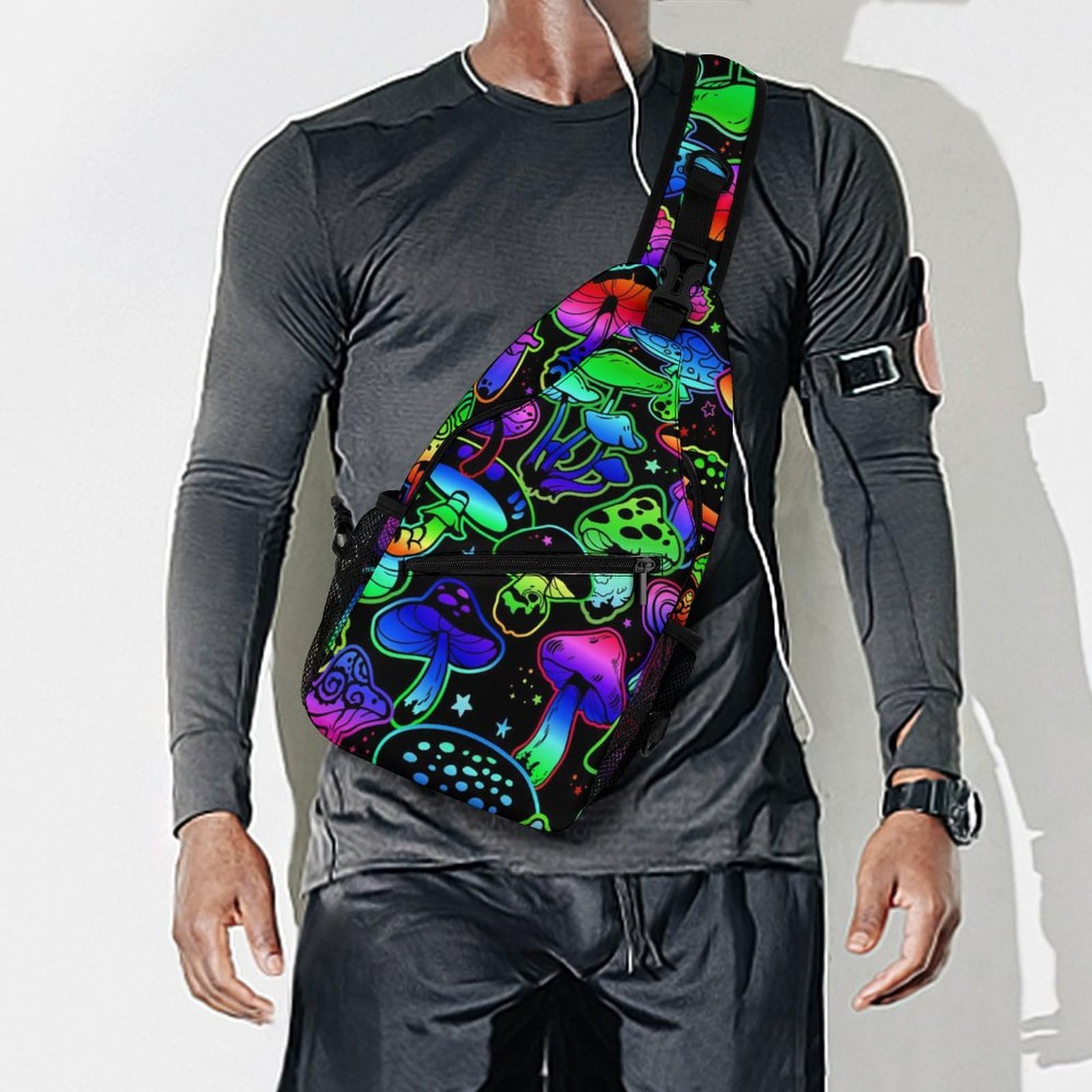 Anti-Theft Sling Bag for Women & Men - Gothic Hippie Neon Mushroom Chest Pack - Crossbody Shoulder Backpack for Hiking, Cycling, Travel & Outdoor Adventures