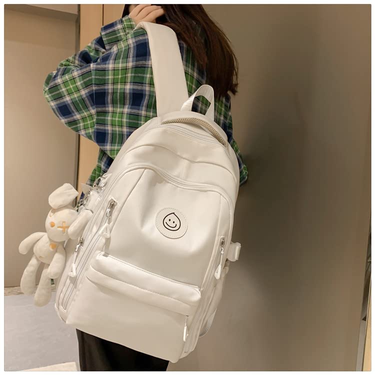 Stylish Preppy Backpack with Bunny Plush - Cute Aesthetic School Bag for College, Kawaii Korean Fashion Accessory (White, One Size) - Perfect for Campus, Travel & Daily Use