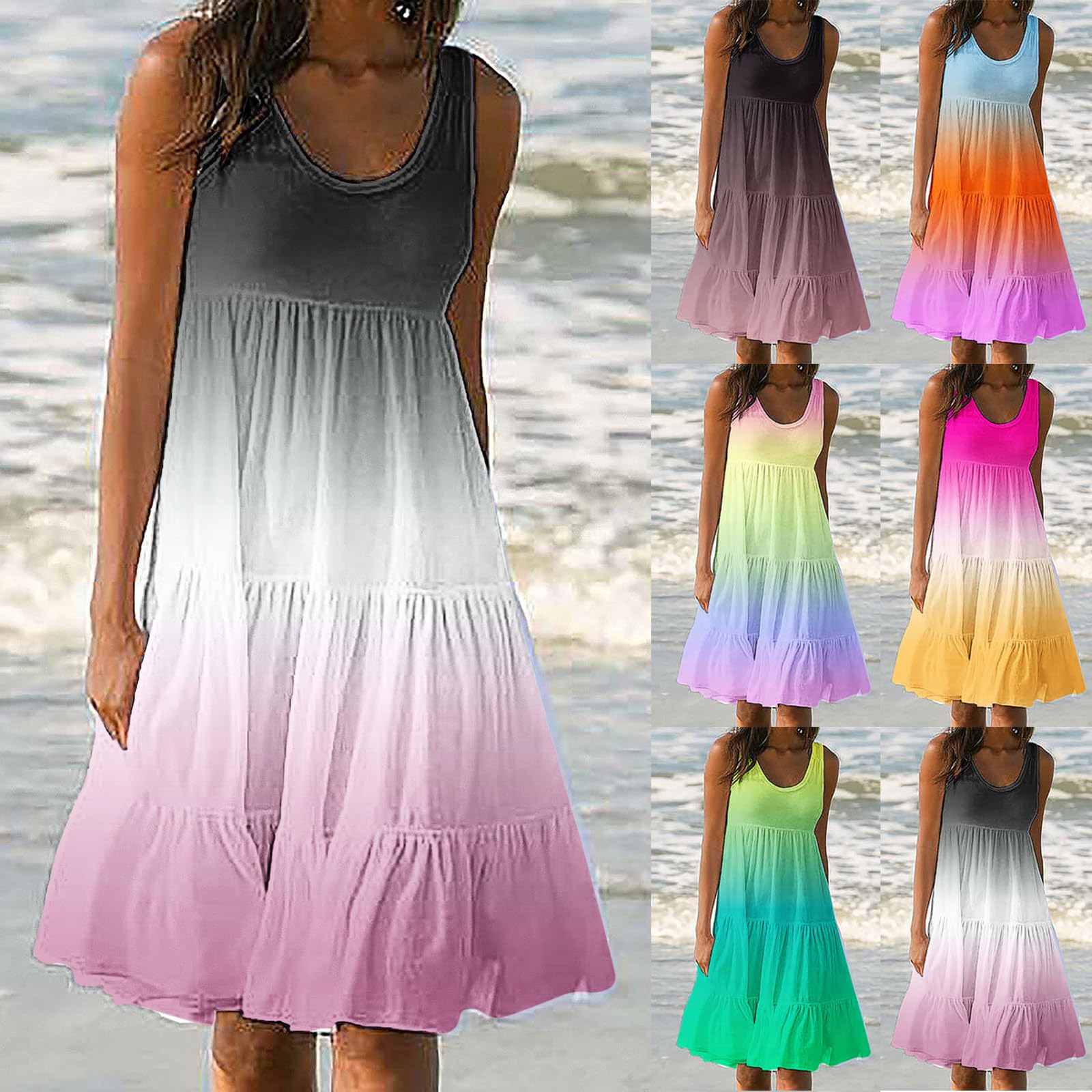SEAOPEN Women's Summer Sundress 2024 - Sleeveless Tank Tiered Midi Dress, Casual Loose Swing Dress for Beach, Vacation & Outdoor Activities