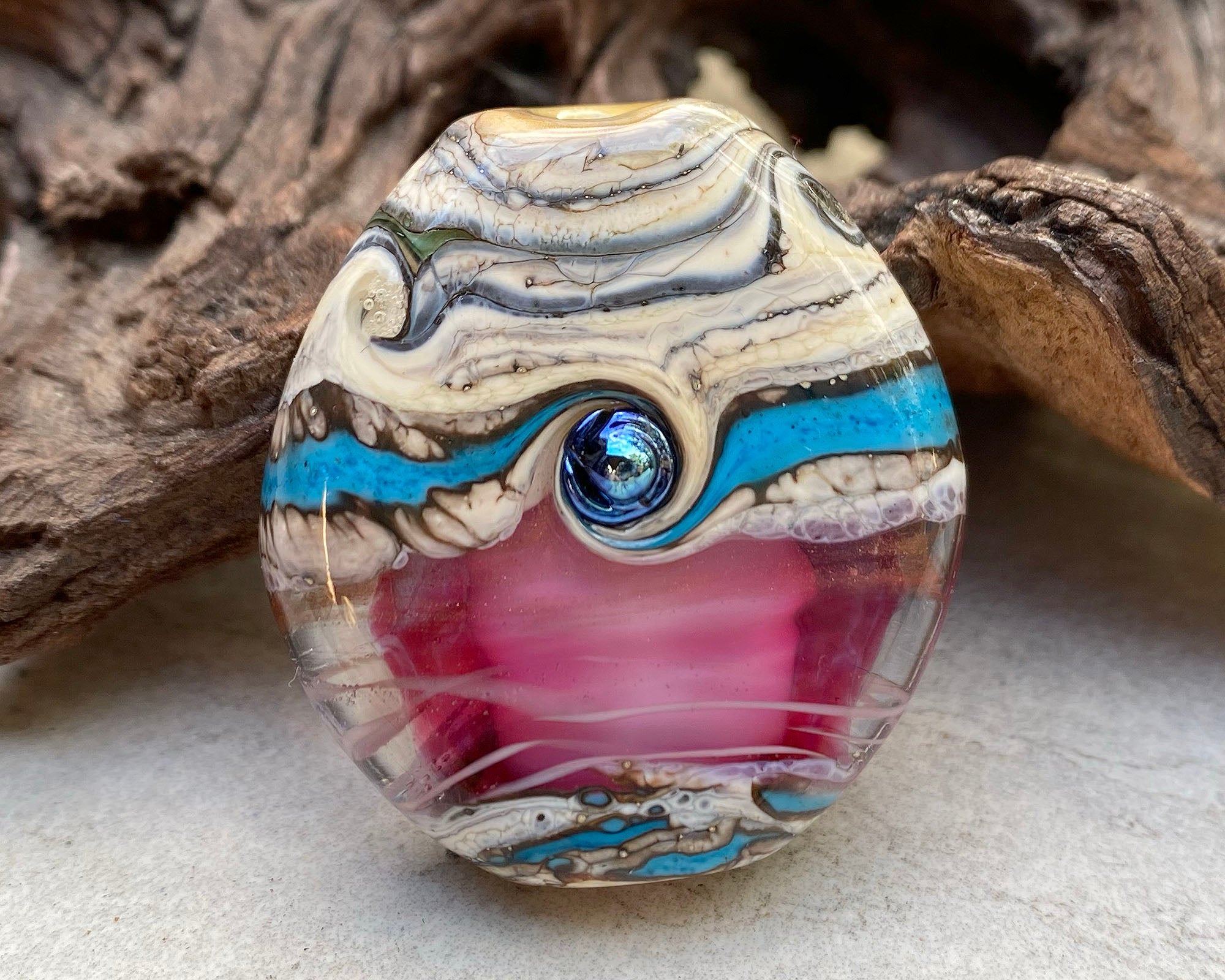 Handmade Turquoise Pink Organic Lampwork Glass Focal Bead for Jewelry Making - Perfect for Necklaces, Bracelets & DIY Craft Projects
