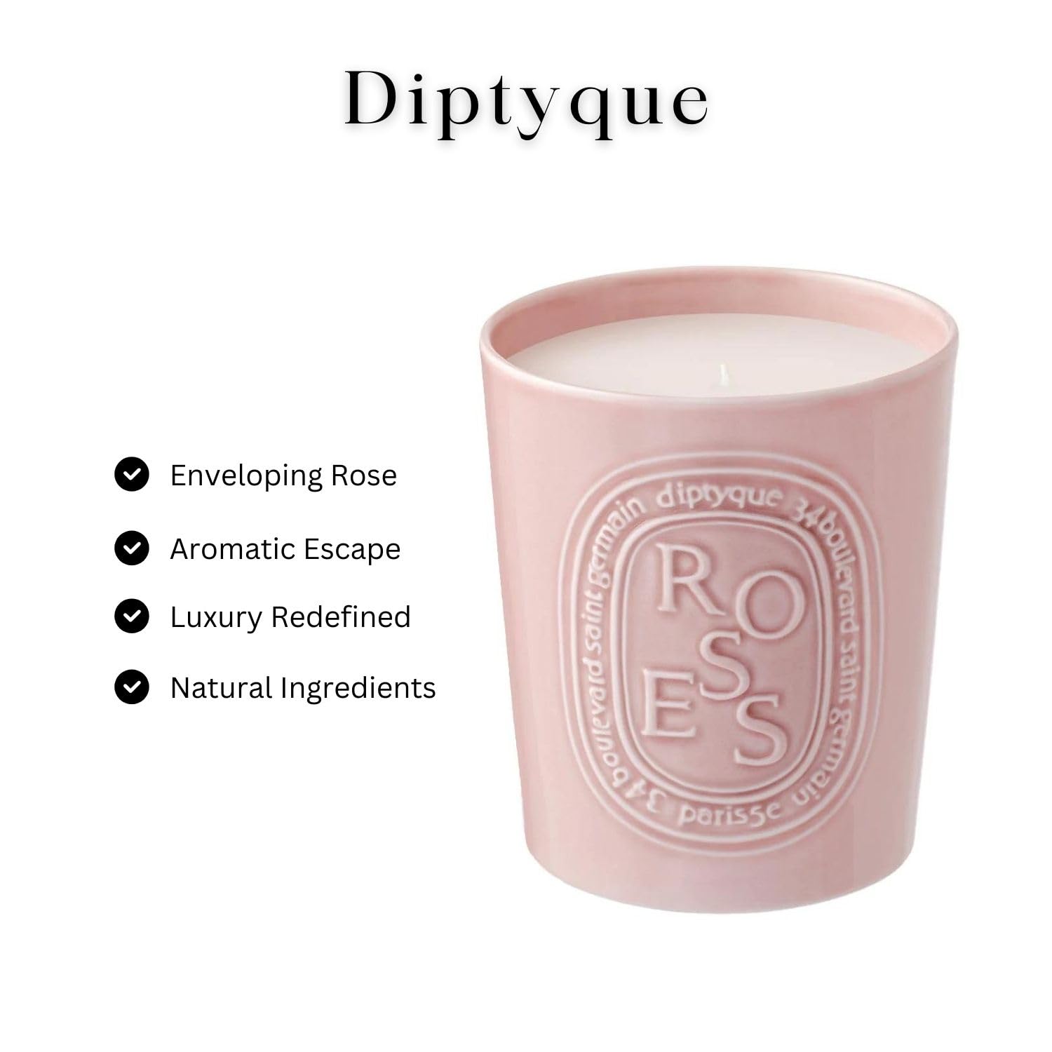 Diptyque Roses Scented Candle - 600g (21.1 oz) Luxury Soy Wax Candle in Porcelain Jar - 100 Hours Burn Time - Floral Home Decor for Bedroom, Bathroom & Living Room - Romantic Gift for Women