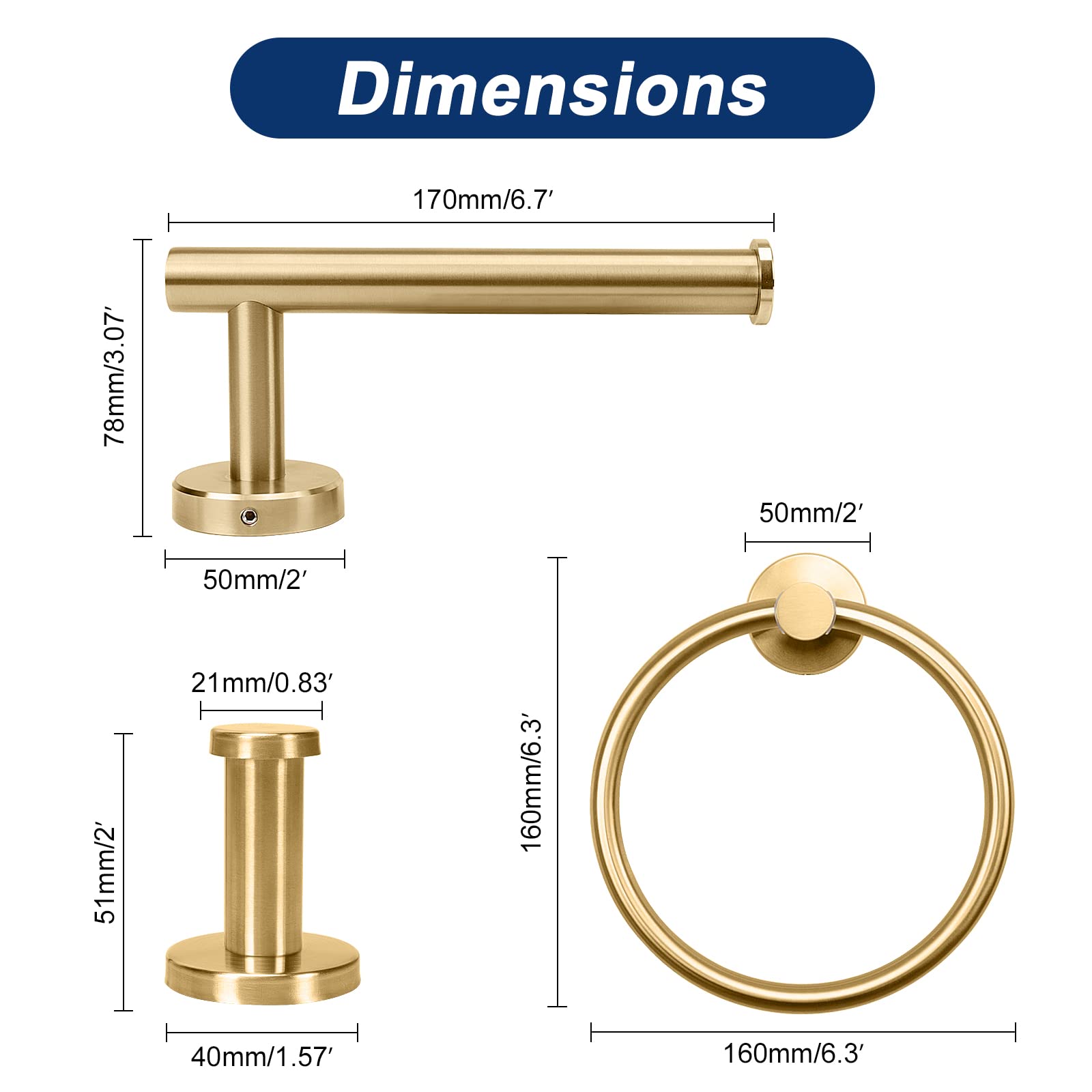 NearMoon 4-Piece Bathroom Hardware Set - Brushed Gold Stainless Steel Towel Ring, Toilet Paper Holder & 2 Robe Hooks - Wall Mounted Bath Accessories for Modern Home Decor (Perfect for Bathroom, Powder Room & Spa Style Vanity)