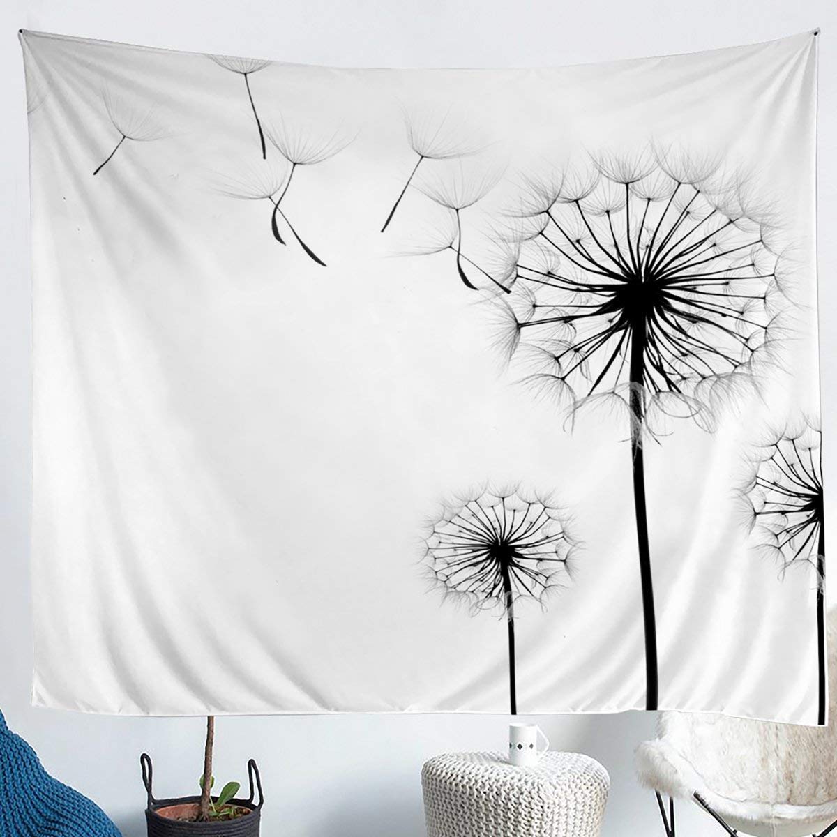 Erosebridal Dandelion Wall Tapestry 51x59 Inches - Fluffy Floral Bohemian Wall Hanging for Bedroom, Nursery, Dorm Decor - Soft Trippy Flower Design in Black & White - Perfect for Kids Rooms, Teen Bedrooms & Boho Home Decor