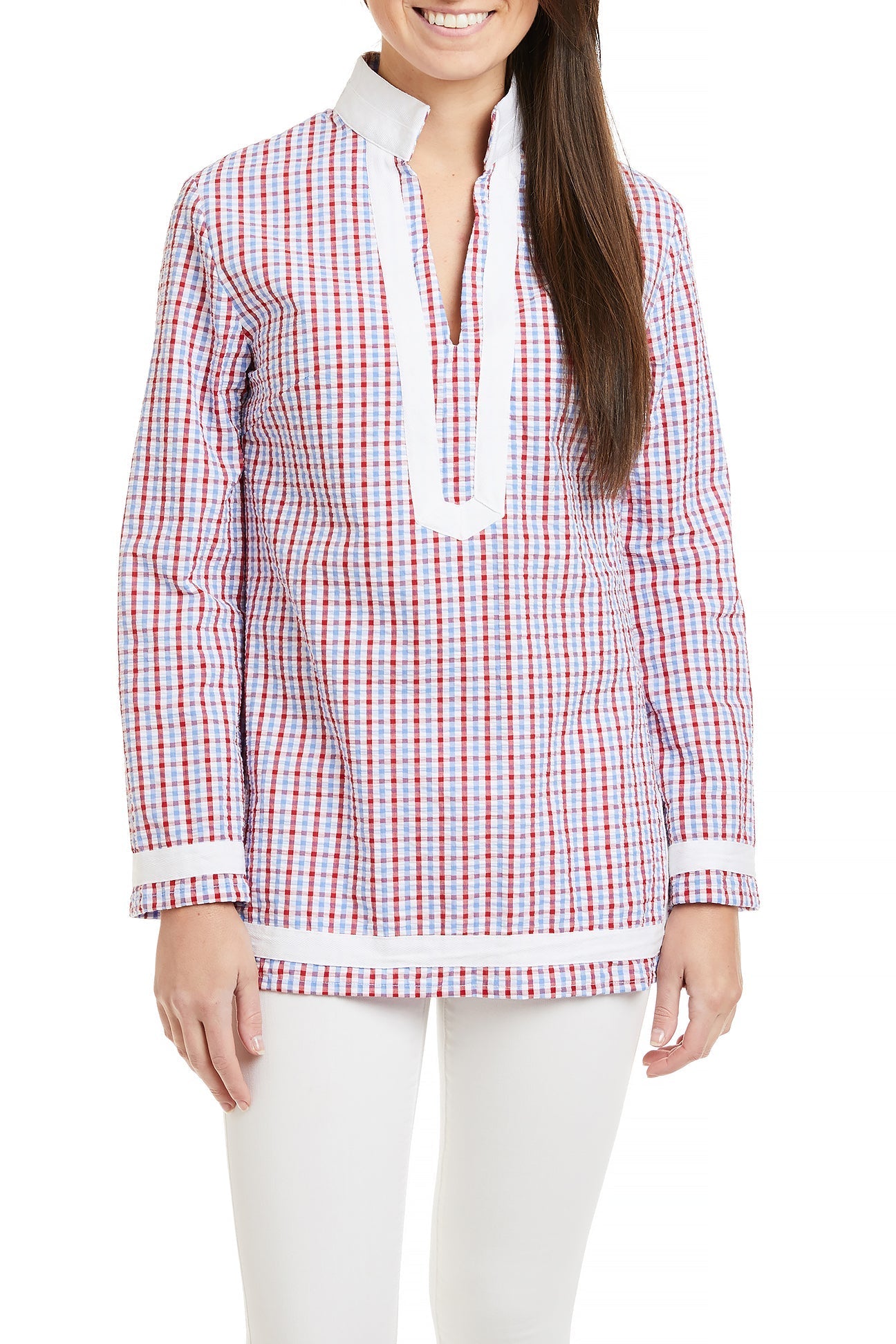Red, White & Blue Seersucker Check Tunic Top with White Trim - Casual Summer Wear for Women, Perfect for Beach Outings and Picnics