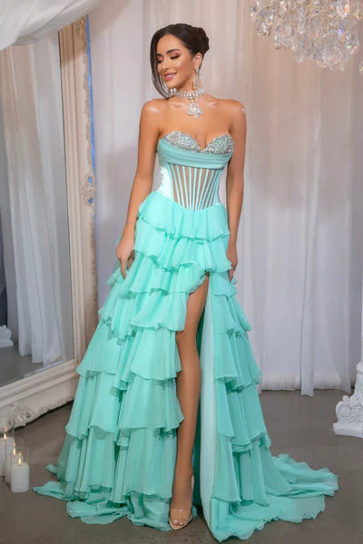 PORTIA and SCARLETT PS25961 Layered Crystal Corset Dress - Elegant Evening Gown for Prom, Wedding & Special Occasions