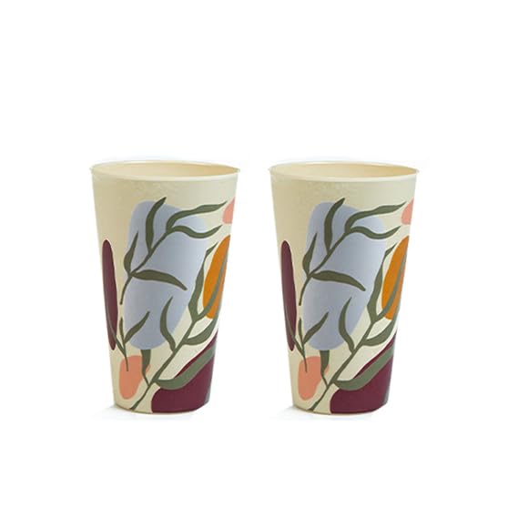 Truly Eco 100% Natural 400ml Bamboo Tumbler with Green Floral Design - Reusable Coffee Tea Smoothie & Water Cup - Dishwasher Safe, Break-Resistant, Food Grade Stainless Steel - Perfect for Office, Travel, Gym, and Outdoor Activities (Set of 2)