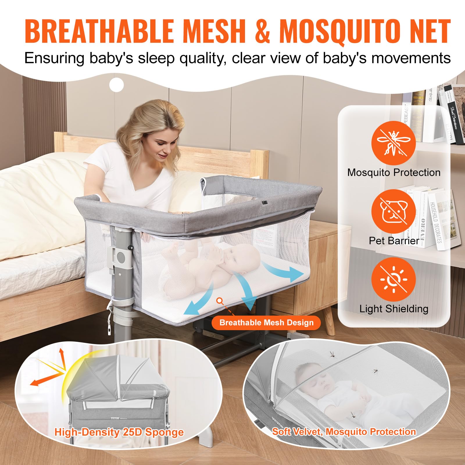 VEVOR Adjustable Baby Bassinet Bedside Sleeper - 5-Level Height, Wheels & Comfy Mattress - Mosquito Net & Side-Opening Crib for Newborns (Girl & Boy) - Perfect for Nursery, Bedroom & Travel