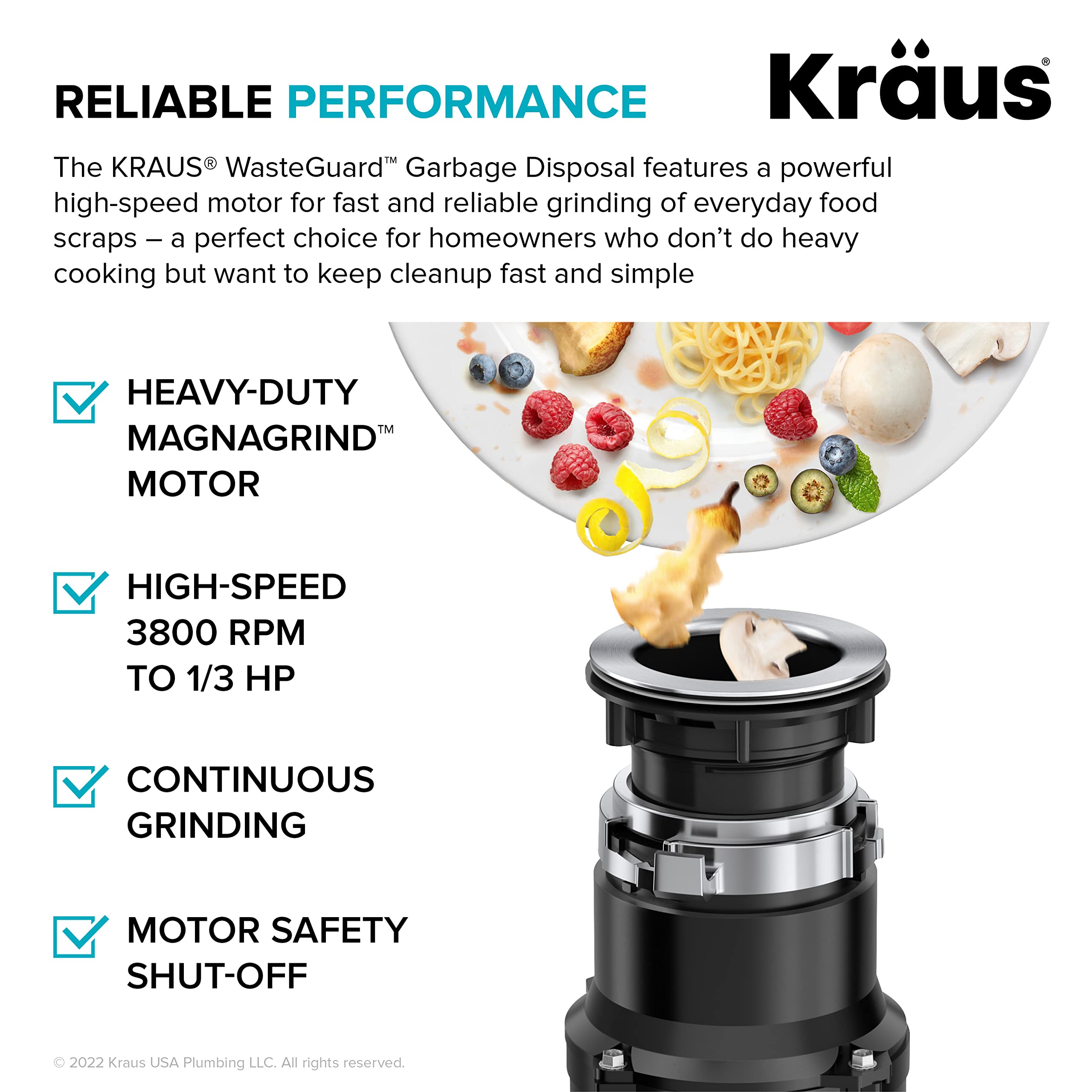 KRAUS WasteGuard 1/3 HP Continuous Feed Ultra-Quiet Garbage Disposal with Quick Connect Mount - Includes Power Cord & Flange (KWD100-33MBL) - Perfect for Kitchen Sink Waste Disposal & Food Scrap Recycling