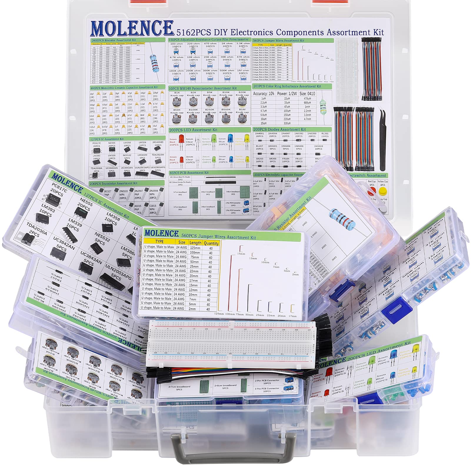 5162pcs DIY Electronics Components Kit - Resistors, Capacitors, LEDs, ICs, Diodes, PCB & More for Arduino, Raspberry Pi Projects | STEM Learning, Circuit Prototyping & Electronic Repair