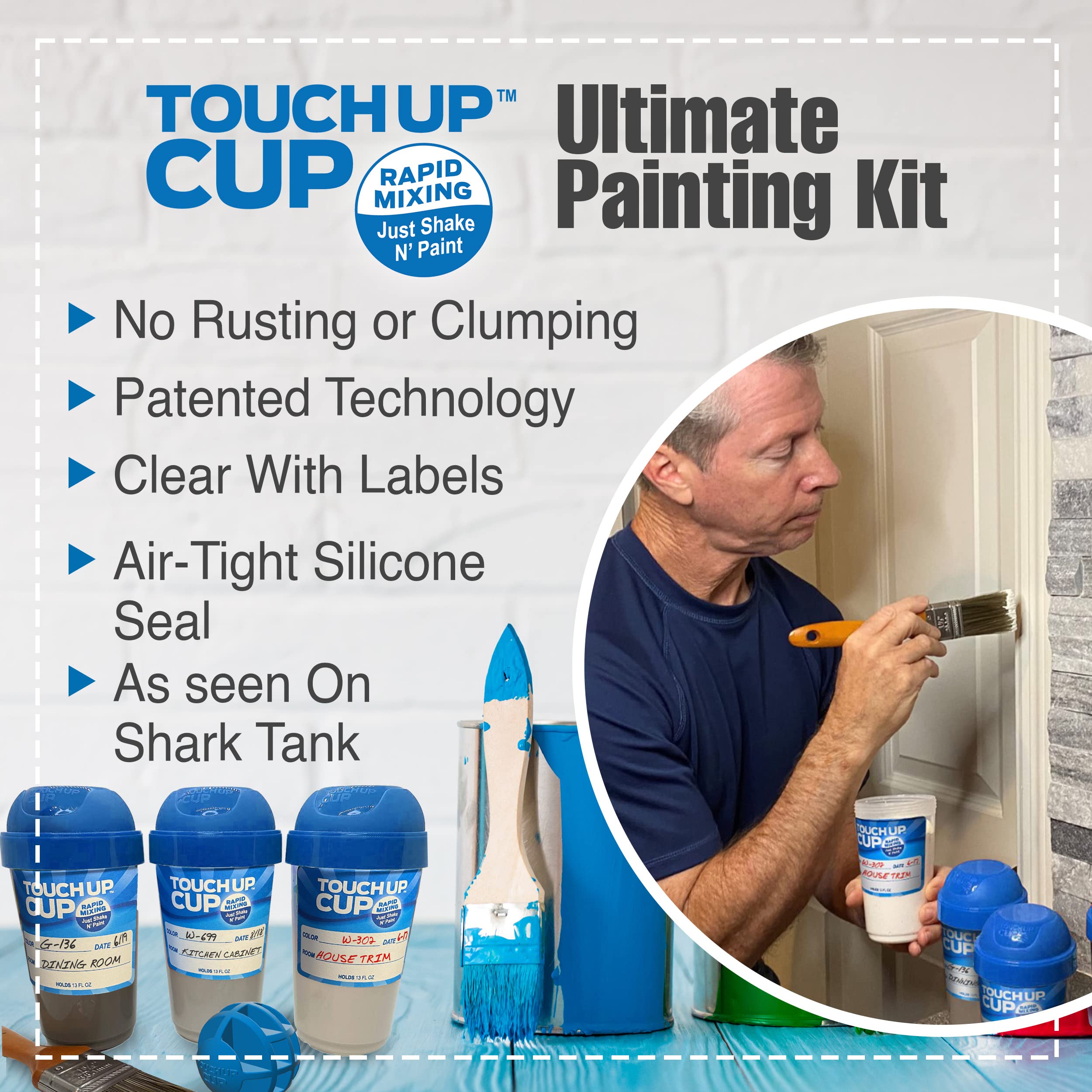 Ultimate Touch Up Cup Painting Kit - 3 Paint Storage Containers, 1 Painters Tarp, 1 Paint Roller Cleaner Tool, 2 Touch Up Paint Brushes, 6 Brush 'n Roller Keepers | Shark Tank Approved | Perfect for Home Renovation, Wall Repair & Small DIY Projects