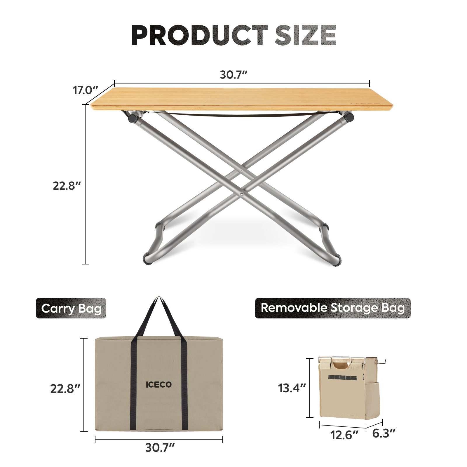 Portable Folding Bamboo Camping Table with Storage Bag - Lightweight Outdoor Picnic Table for Camping, Beach, Backyard | Perfect for Hiking, Travel & Picnics | ICECO