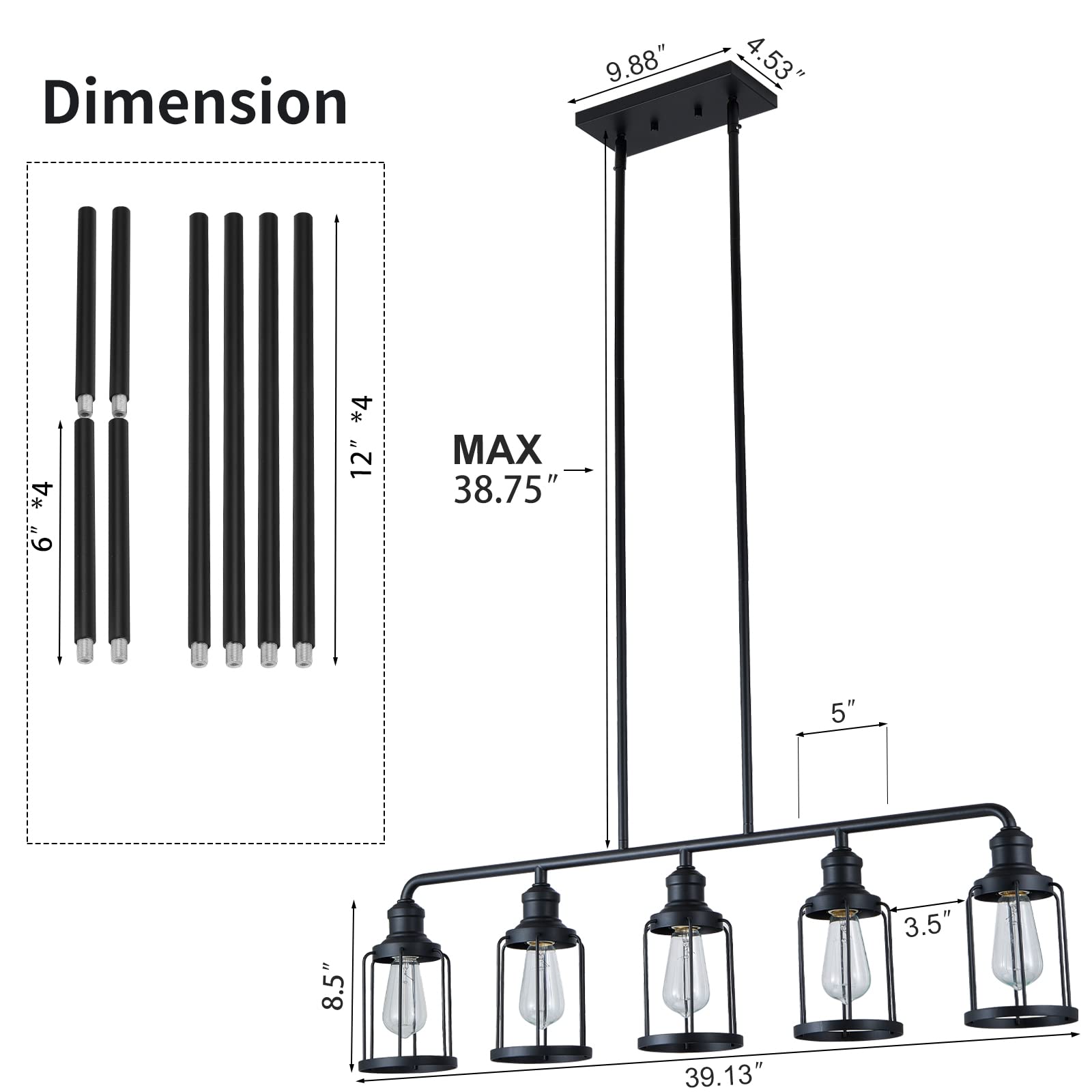 5-Light Black Metal Linear Pendant Light Fixture for Kitchen Island, Dining Room & Living Room - Modern Cage Style Lighting for Home Decor & Interior Design
