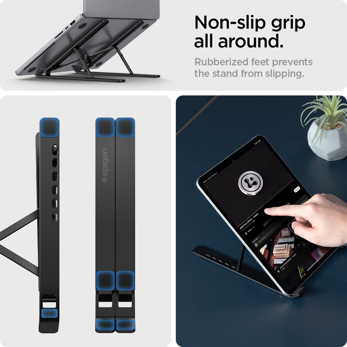 Spigen Adjustable Laptop Stand for Desk - Portable & Foldable Computer Stand Holder for MacBook, Dell, HP, Lenovo (Black, LD201) | Perfect for Home Office, Bed, Couch & Travel Use
