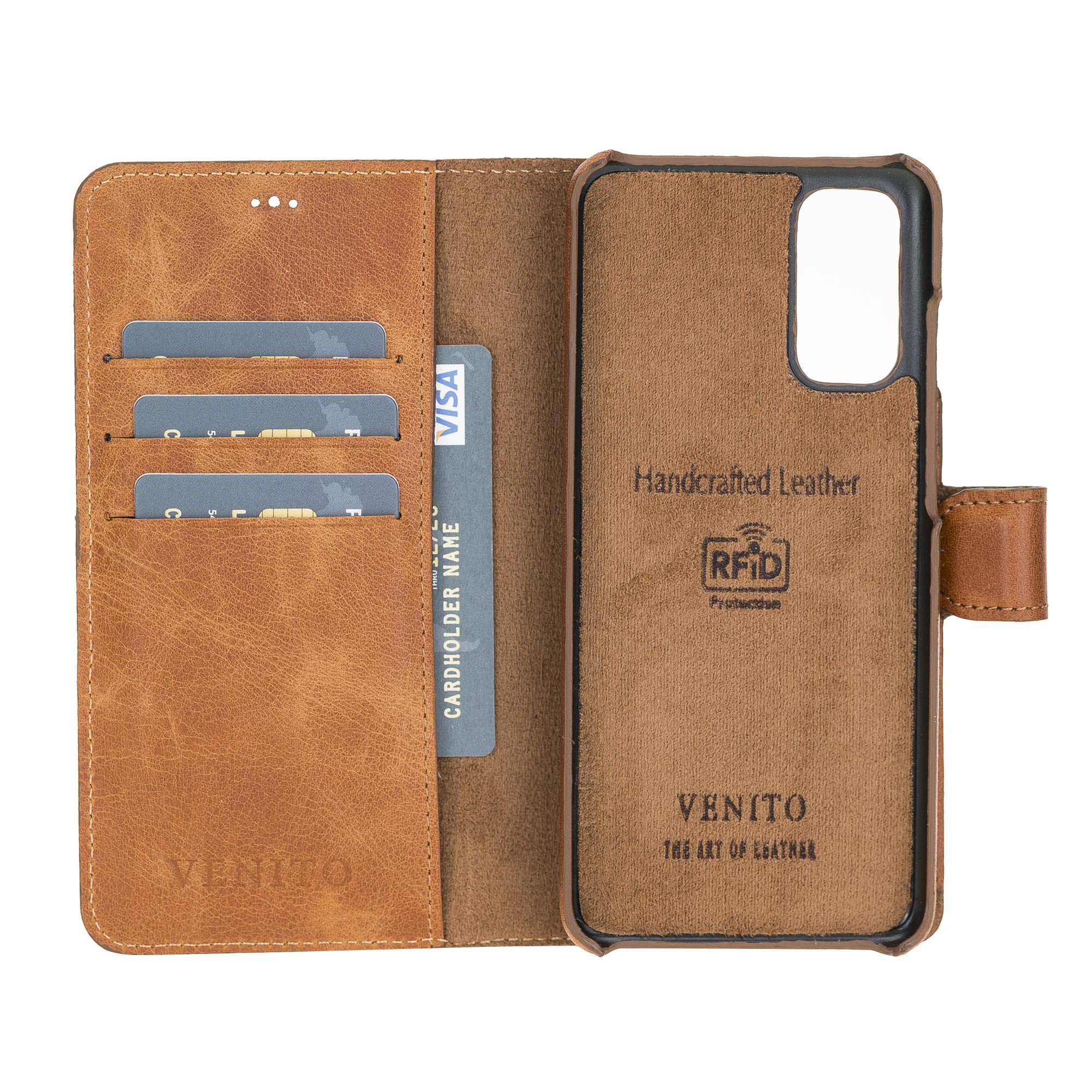 Venito Florence Genuine Leather Wallet Phone Case for Samsung Galaxy S20 - RFID Blocking for Security - Detachable Phone Wallet - Antique Brown - Perfect for Business & Travel Use