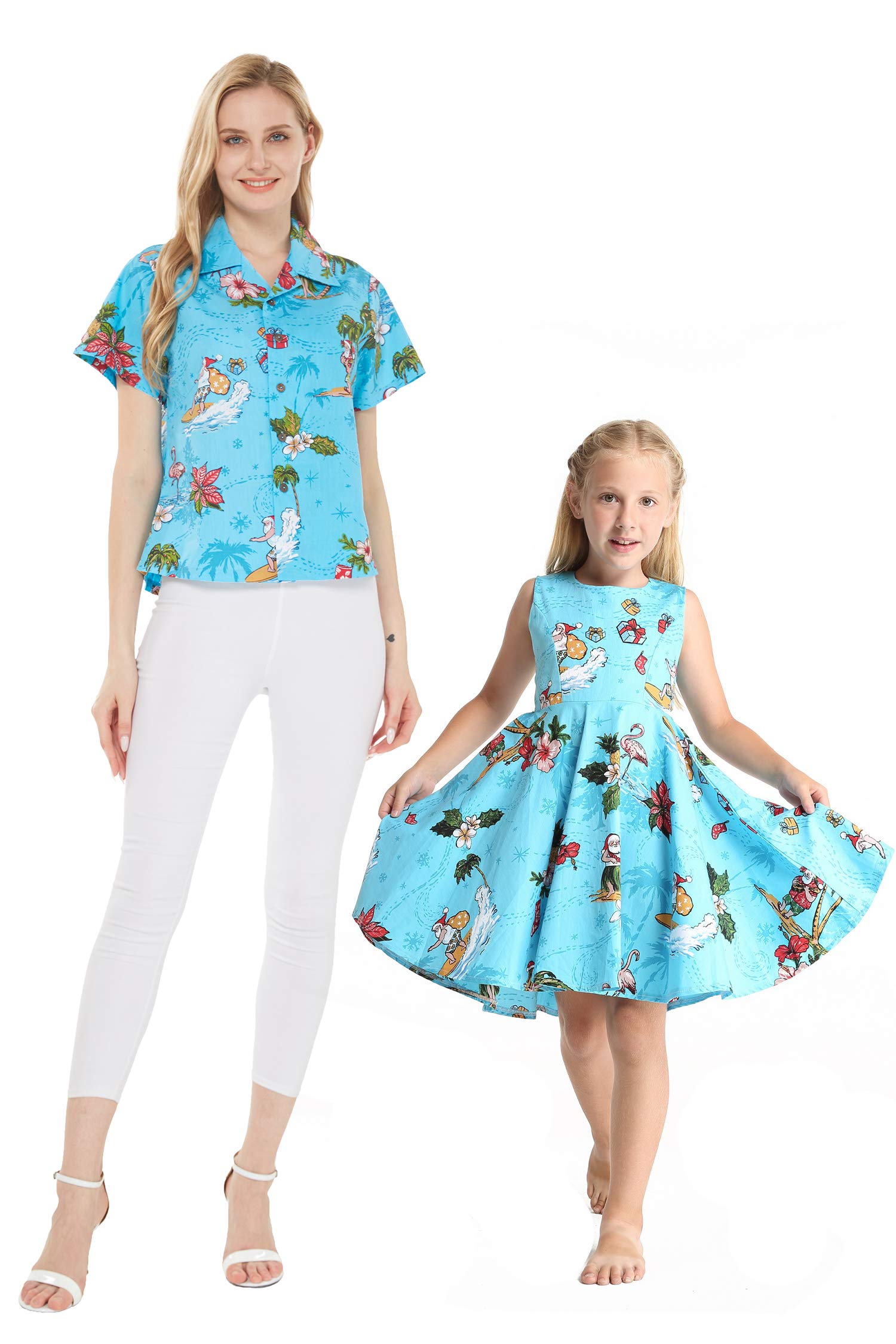 Hawaiian Christmas Luau Outfit - Matching Mother Daughter Aloha Shirt & Vintage Dress with Santa Print | Perfect for Family Photos, Holiday Parties & Tropical Themed Events