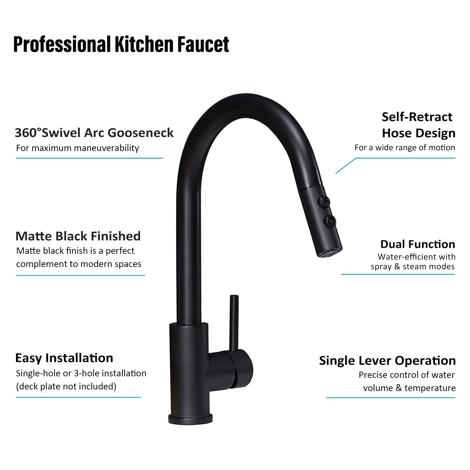 Black Kitchen Faucet with Pull Down Sprayer - Single Handle Pull Out Sink Faucet for RV, Farmhouse & Commercial Use | Durable & Stylish for Home, Restaurant & Outdoor Kitchens