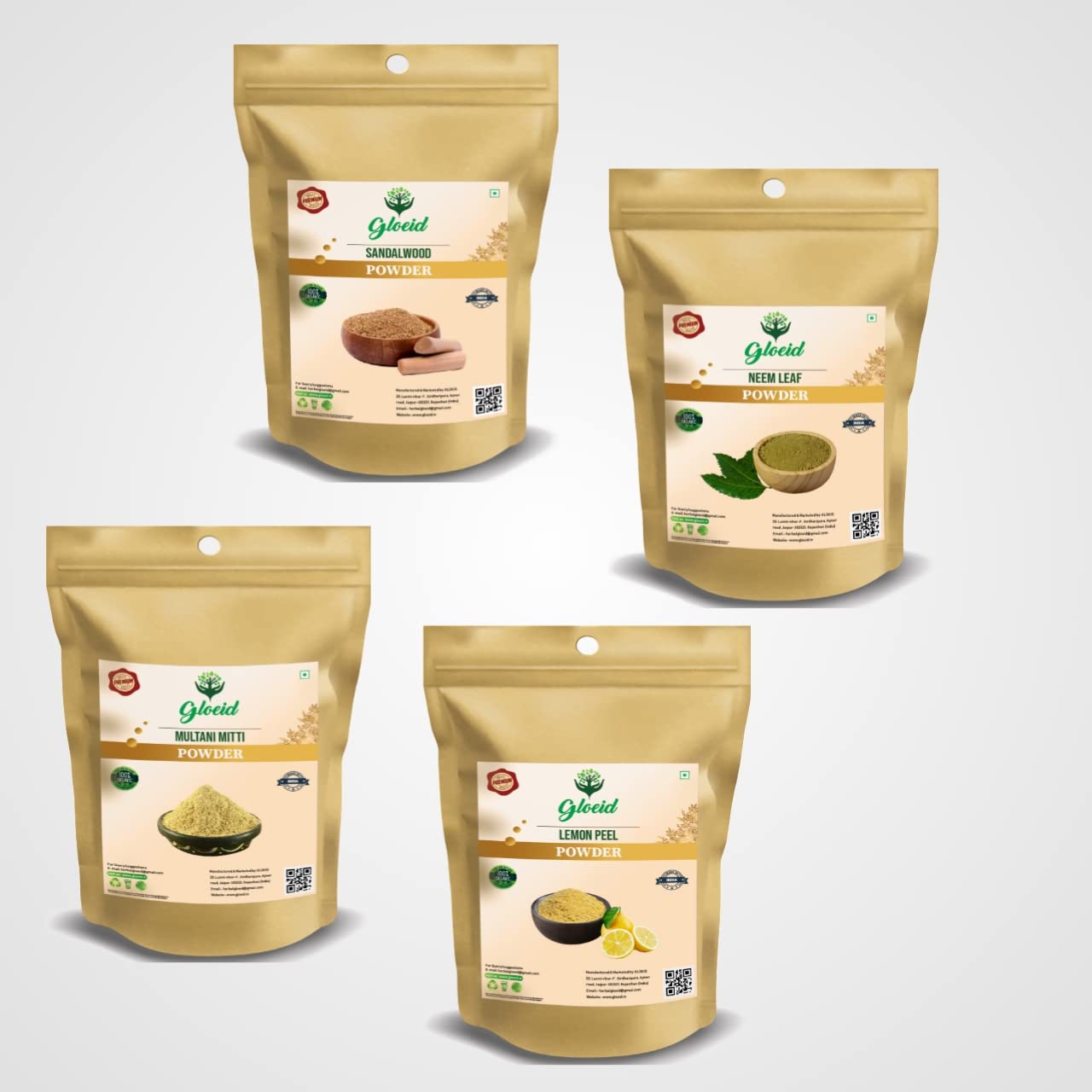 GLOEID Natural Face Pack Powder Set - Lemon, Multani, Sandalwood & Neem (50g Each, Total 200g) for Glowing Skin | DIY Facial Treatment, Acne Control & Skin Brightening