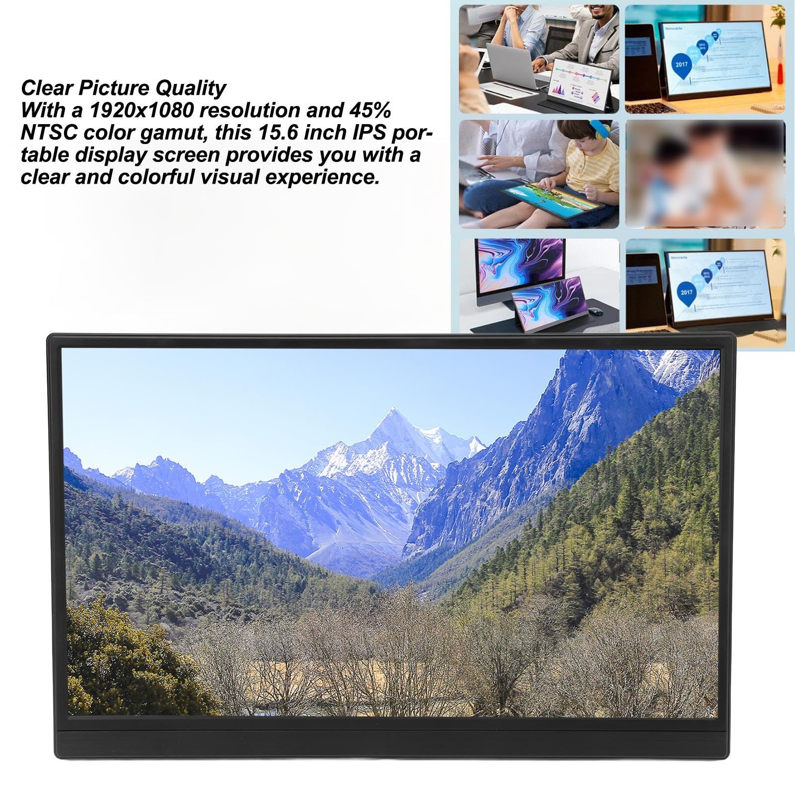 15.6 Inch IPS Portable Monitor with USB-C, Full HD 1920x1080, Ultra-Slim Design, 178° Wide Viewing Angle & 3D Stereo Sound - Perfect for Laptop, PC, Xbox, Gaming & Office Work